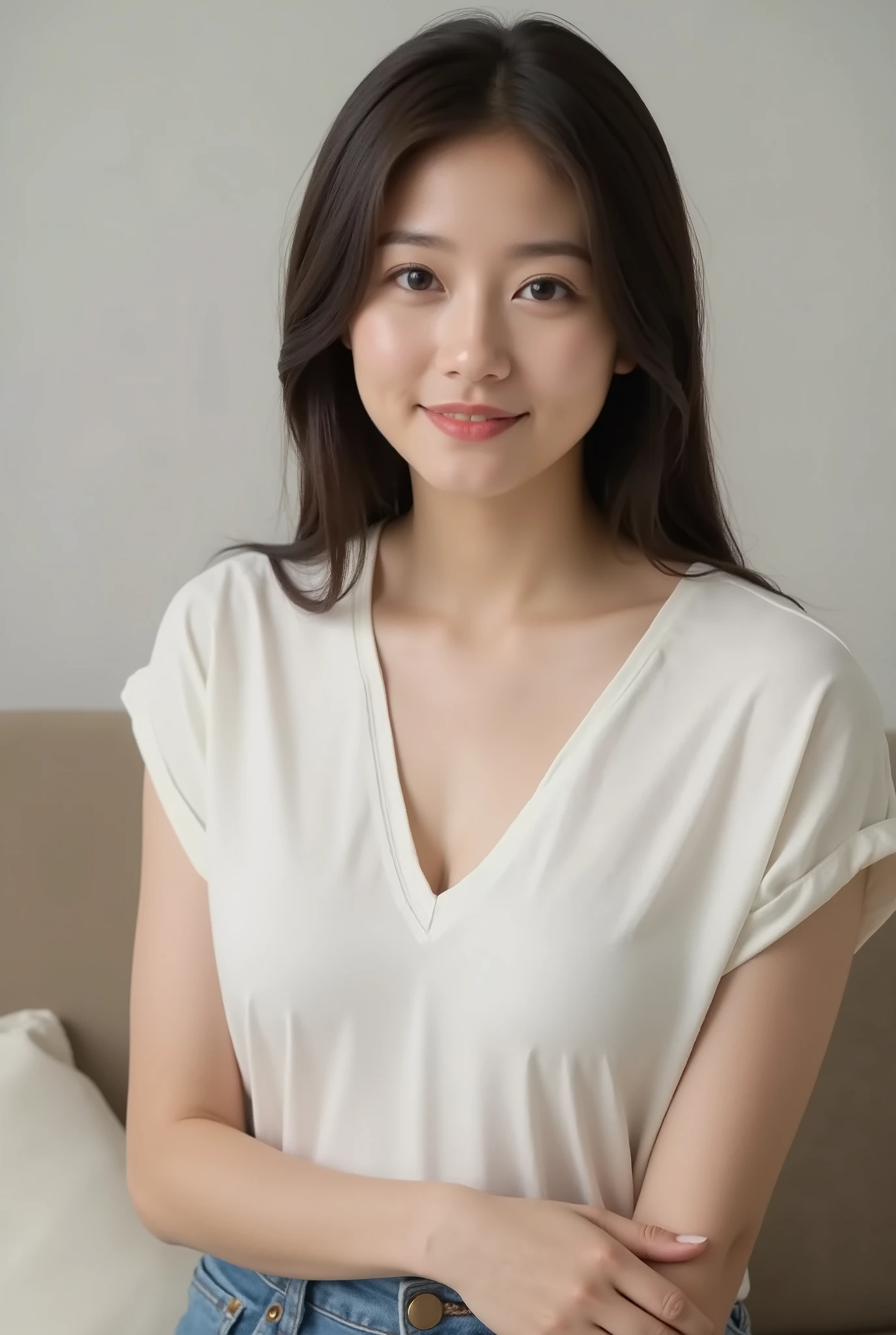 thoracic、blouse in her private room、(((realistic skin type)))、(before tilting:1.3)、(oversized t-shirt、loose fit t-shirt、Low-cut T-shirt:1.2)、(best quality、8k、32K、masterpiece)、(Detailed Bra)、Japanese、 28 years old 、very cute girl、beautiful girl、squats、 has a bright smile、living room、bright room、blurry background、shortcuts、upper body closeup in the school hallway、shot from above