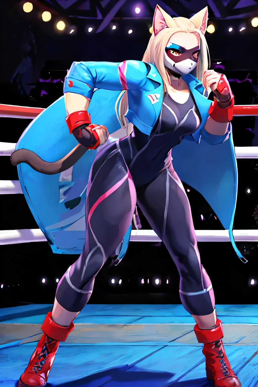 1girl , looking at the viewer , blue jacket , long hair , bodysuit , yoga pants , indoors, cat woman, pro wrestling fighter, aesthetic stance position, kitty mask, very long cape, clothes pro wrestler, octagon fight background