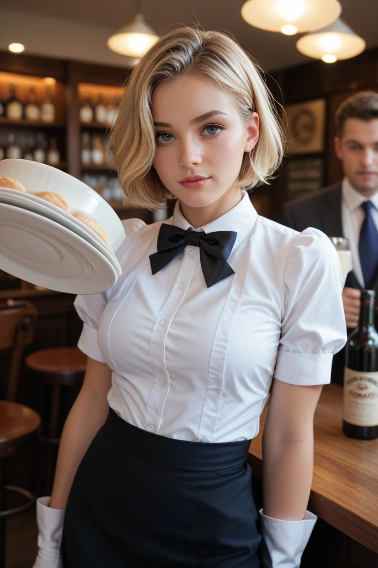 KingKOF, small breasts, short blonde hair, blue eyes, bow tie, white shirt,purple blazer, purple pants, yellow belt, looking at viewer, serious, smirk, sitting, on stool, inside fancy kitchen, holding a wine glass, romantic ambiance, high quality, masterpiece, <lora:KingKOF-DocStasis:.7>