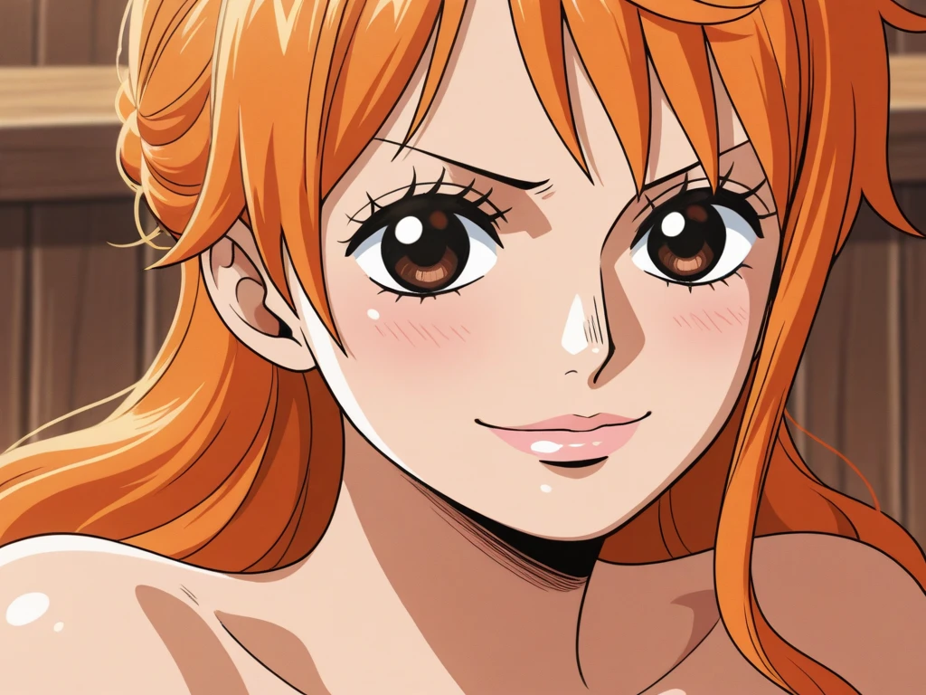 solo,
Nami,1girl,orange hair,brown eyes, long hair,
Naked, nude,