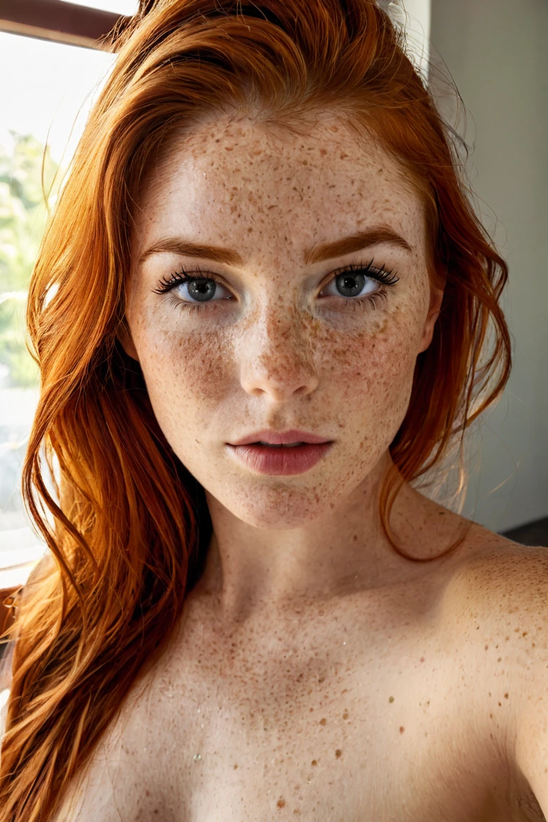 I would like a picture of a nice redhead with a lot of freckles, green eyes, big boobies and nice round asss. She must lean forward to look at the camera with her lips open and pusssy without hair