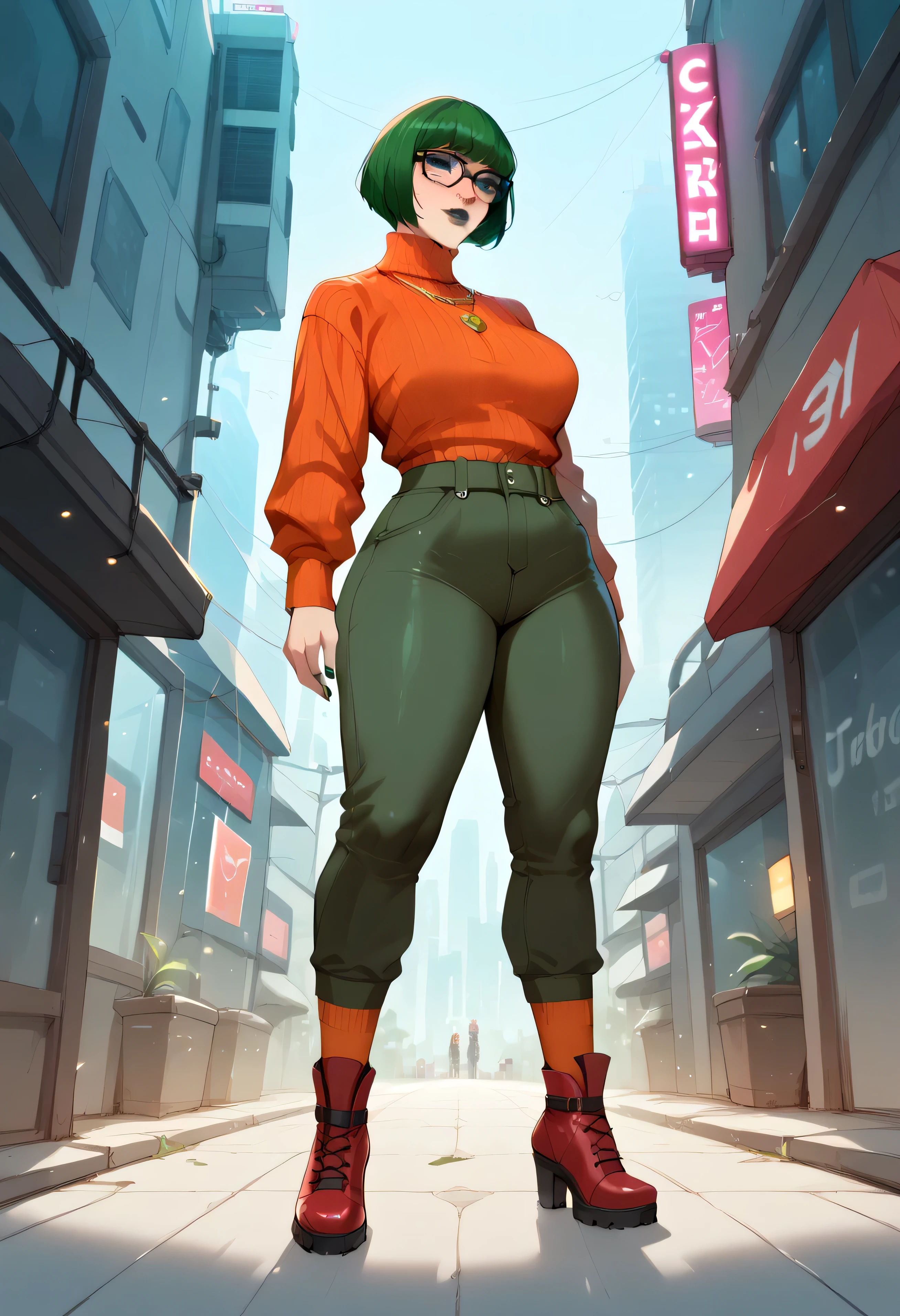 anime, result_9, result_8_higher, result_7_higher, result_6_higher, low angle, result_9. result_8_higher, result_7_higher, result_6_higher, result_5_higher, result_4_higher, , elite \(Rainbow Six Siege\),, \(Rainbow Six Siege\ High definition, Perfect masterpieces , result_9, result_8_higher, result_7_higher, result_6_higher, result_5_higher, result_4_higher, result_8_higher, result_7_higher, Freckles, fFaceDetail, Beautiful face, high detailed face, bra, curved body, jewelry , necklace, make higher, bimbo lip, perfect eyeliner, short bobcut hair, green hair, green lipstick, red blush, cap, Fashion Techwear in the style of artgerm , cyberpunk style, [1mulher, Velma, cyberpunk clothing, female focus, city,cyberpunk background, robot, Science fiction, Alone, full body, wires and cables, . futuristic , cyberpunk, Urban, Tactical, elegant, dark, highly detailed
