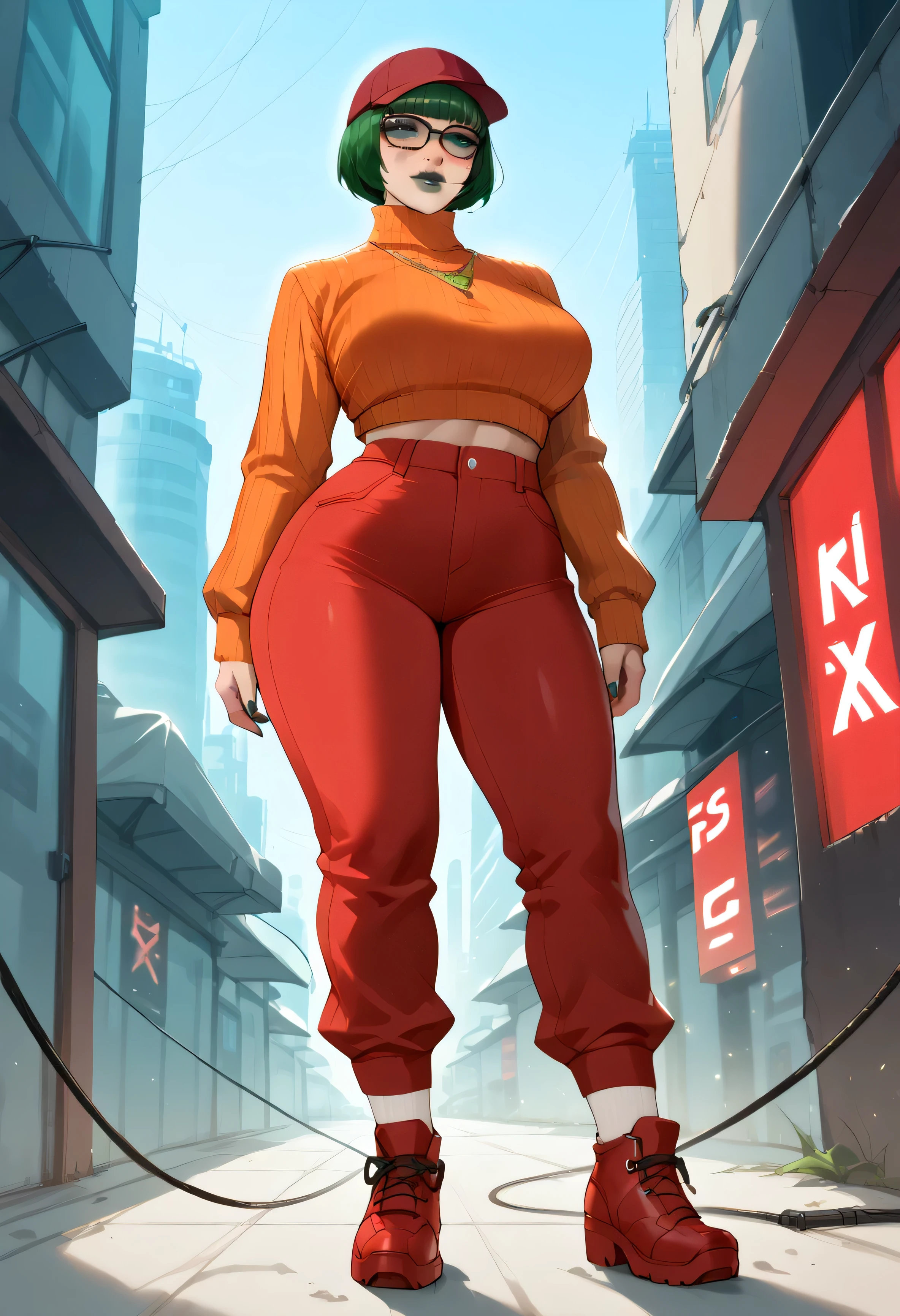 anime, result_9, result_8_higher, result_7_higher, result_6_higher, low angle, result_9. result_8_higher, result_7_higher, result_6_higher, result_5_higher, result_4_higher, , elite \(Rainbow Six Siege\),, \(Rainbow Six Siege\ High definition, Perfect masterpieces , result_9, result_8_higher, result_7_higher, result_6_higher, result_5_higher, result_4_higher, result_8_higher, result_7_higher, Freckles, fFaceDetail, Beautiful face, high detailed face, bra, curved body, jewelry , necklace, make higher, bimbo lip, perfect eyeliner, short bobcut hair, green hair, green lipstick, red blush, cap, Fashion Techwear in the style of artgerm , cyberpunk style, [1mulher, Velma, cyberpunk clothing, female focus, city,cyberpunk background, robot, Science fiction, Alone, full body, wires and cables, . futuristic , cyberpunk, Urban, Tactical, elegant, dark, highly detailed