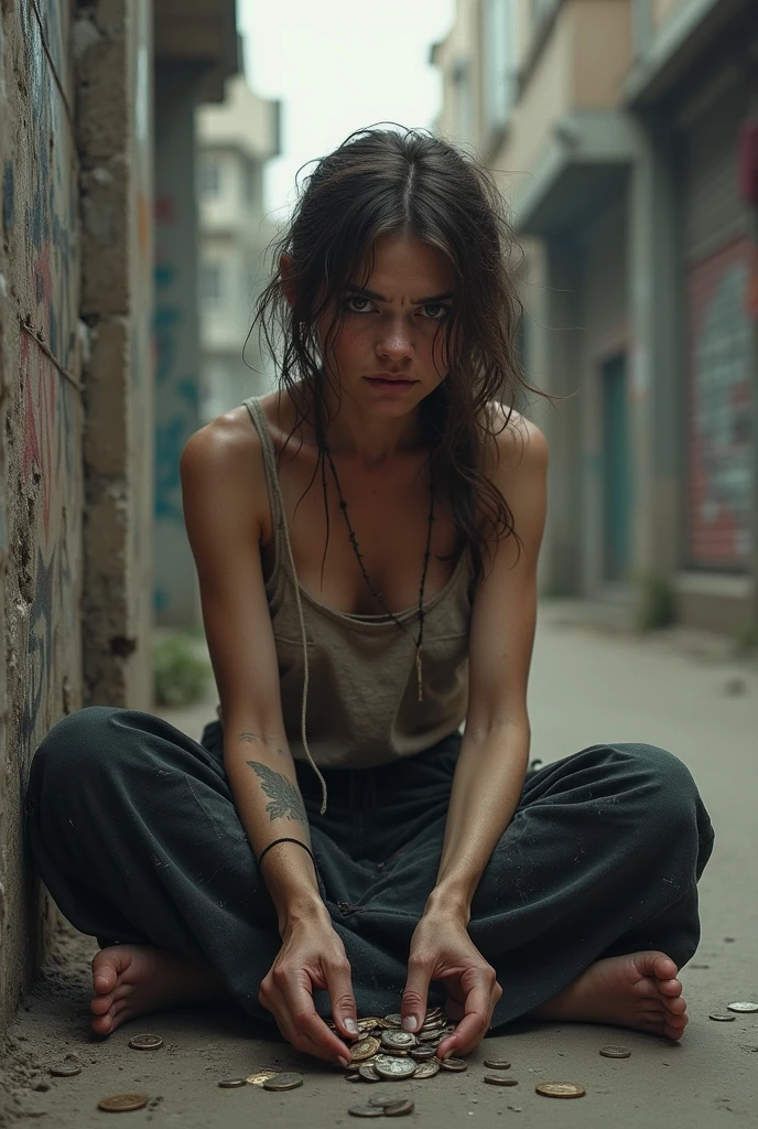 "A person is sitting and smiling in a dilapidated room with their hands bound by a chain,