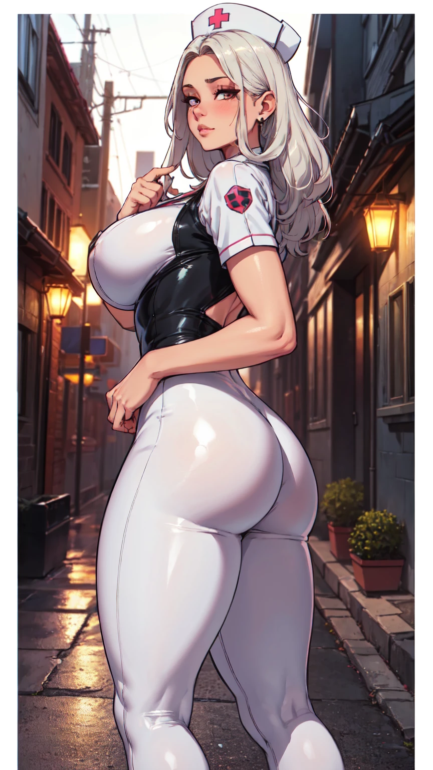 Best quality, solo mature woman, giant breasts, giant ass, very curvy, wavy hair in high pony, green eyes, full lips, seductive, pale yellow plaid blazer, white turtle neck, tight pencil skirt, hair bow, cute smile, curvy physique, flowery choker, multiple piercings, bimbo