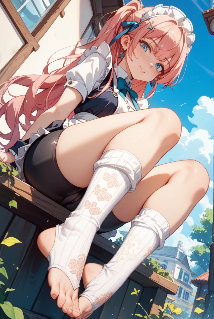 4 Girls with pink hair, long twintail hairstyle, ((small bushy eyebrows)), wearing gothic ta clothing, loli, walking to school, flirty smile,, walking to school, bored look, bored face,, (sitting with legs open lifting her skirt to show her vagina wet with semen),