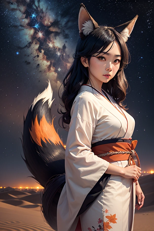 masterpiece, best quality, A 21 year old female,colorful background, flat chest, underfed, (olive skin:1.1), short hair, razor cut, ((fox girl, kitsune)), (hanbok:1.5) , spectacular lighting effects , surrealism, psychedelic colors, ((from below)),<lora:koreanDollLikeness:0.5>