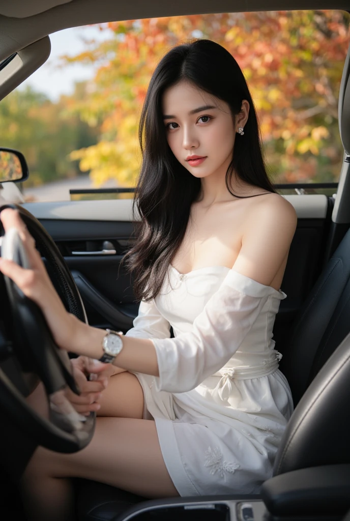 (Unbeatable masterpiece,Best quality at best,A detailed),finely detailled,highly detailed CG,perfect litthing,8K,The is very detailed,1girll,独奏,The Car,driving car,car interior,Sitting in Car,holding steering wheel,ssmile,looking at viewert, Mizuki Yukikaze,Summer dress,Lunette de soleil,longer sleeves,black thighhigns,