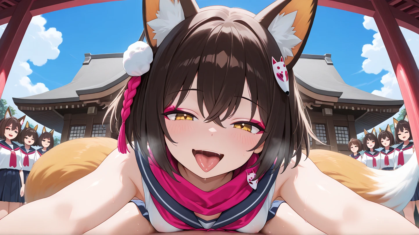 score_9, score_8_up, score_7_up, BREAK source_anime, rating_explicit, best quality, masterpiece, uncensored,1girl,izuna \(blue archive\),yellow eyes, black hair, animal ears, halo,fox tail,, japanese clothes,scarf,serafuku,skirt,gloves,(fishnets:1.1),single black sock,loafers,((sweat)),blush,(steam),big breasts,((torn clothes)),sex,hetero,vagina,((heart effects)),(cum),((cumdump)),((bukkake)),(facial),used condom,(doggystyle)