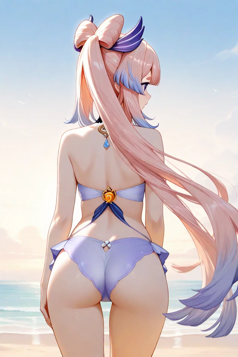 (Naked:1.1),(Clear bikini:1.3),(Blushing face:1.4), Smiling, Cowboy shot, ((G cup)),Pink tits,Cock your ass,angle from behind,The eyes have starlight,cabelos preto e longos,spread thighs,florals, Bow knot, Blushlush,Playing in the water