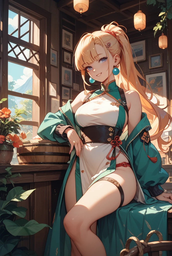 Queen Elf in a white dress sitting, braid, (((big_breasts)))​, wide_hips, voluptuous, green_eyes, royal, white thighhighs boot, blonde_hair, sweat, frown,