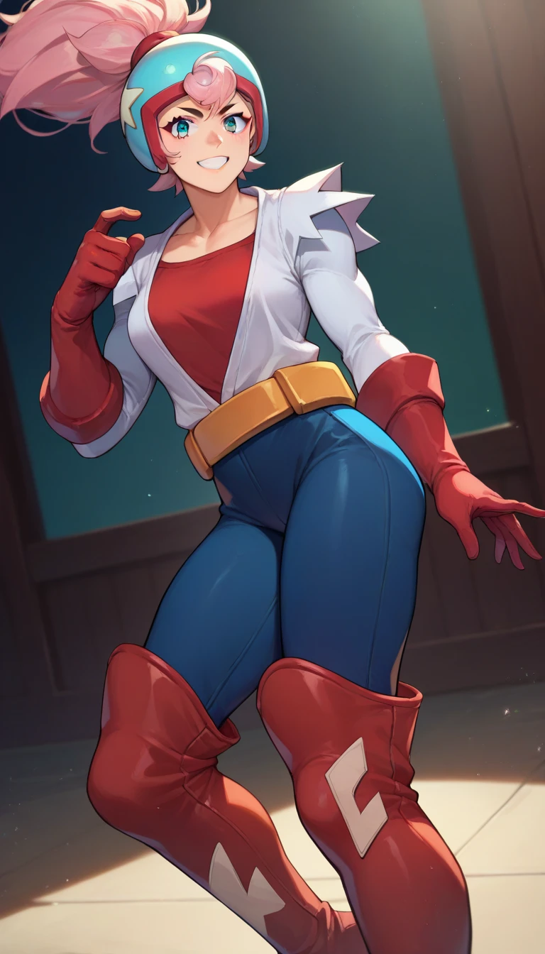 Towering red-haired powergirl, superheroine outfit, newsboy cap, midriff, toned arms, smug, abs, fingerless gloves, skirt, , boots, stomping the viewer ,GTS, Looming, Giantess,UGShiki, stomp