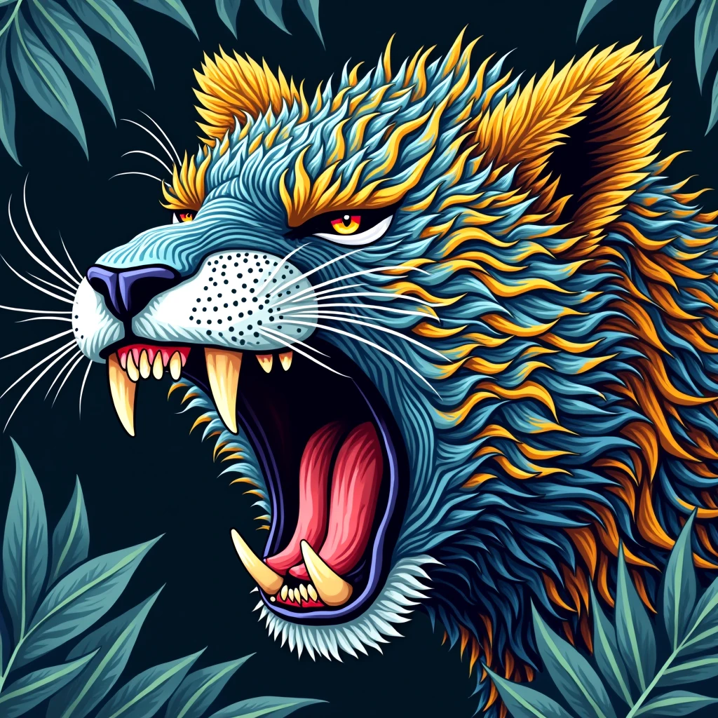 Vibrant and dynamic digital illustration featuring the head of a roaring wildcat. The style is a blend of abstract and graffiti art, with bold, vivid colors including shades of blue, pink, yellow, and green. The wildcat's fur is depicted with splashes of color and paint splatters, giving it a lively and energetic appearance. The background is a light gray, which contrasts sharply with the colorful subject. The wildcat's eyes are piercing and intense, adding to the fierce expression. Below the wildcat, there is a small silhouette of a tree, adding an element of nature to the composition. The overall layout is centered, with the wildcat's head as the focal point, surrounded by artistic splatters and brush strokes.