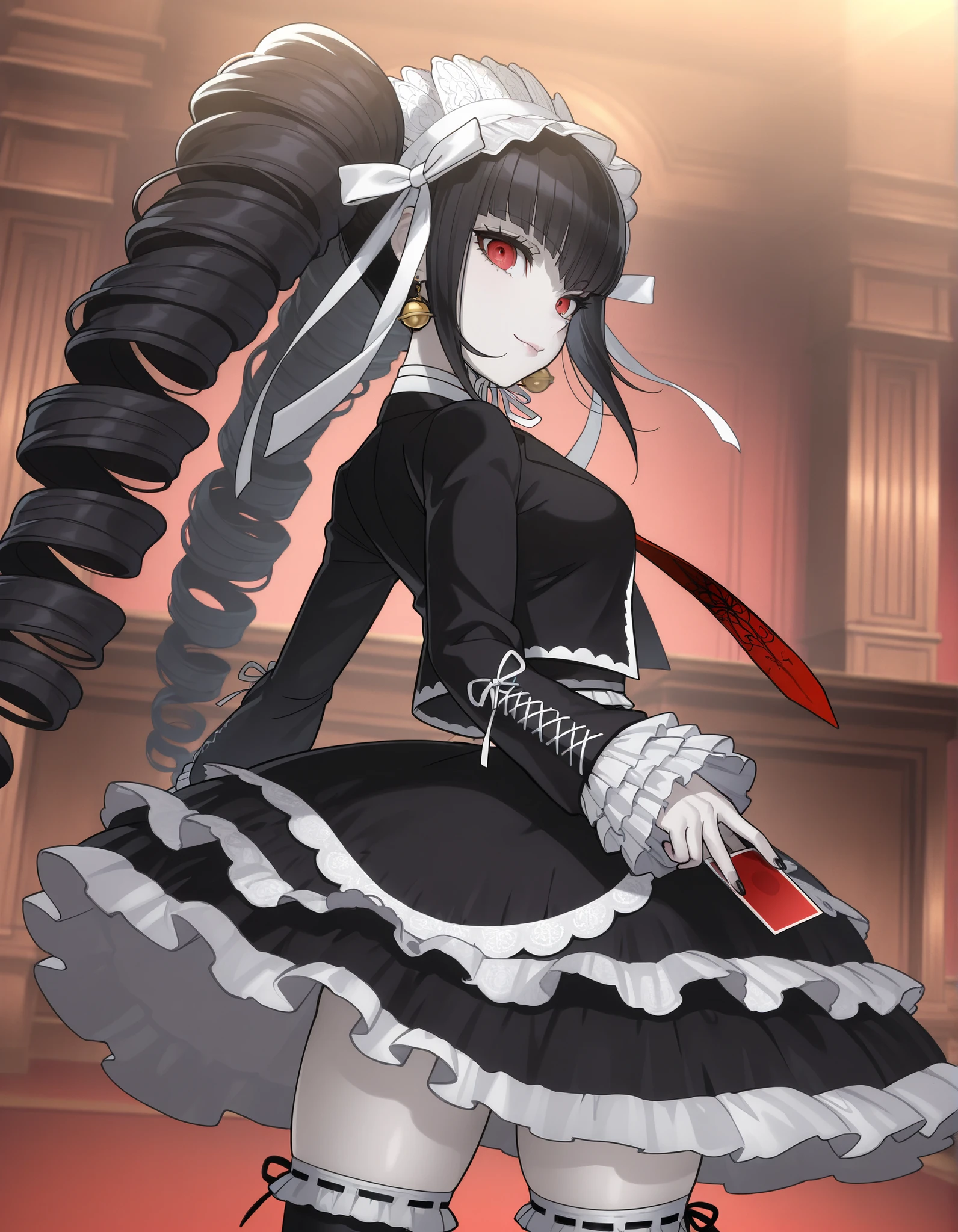 anime screencap, masterpiece, best quality, amazing quality, very aesthetic, absurdres, newest, celestia ludenberg, 1girl, solo, long hair, smile, lips, bangs, white shirt, black hair, red eyes, long sleeves, holding, twintails, standing, looking back, bell earrings, frills, print necktie, black thighhighs, black skirt, nail polish, black jacket, drill hair, frilled sleeves, red necktie, black nails, holding card, twin drills, gothic fashion, layered skirt, bonnet, frilled thighhighs, frilled skirt, pale skin, medium breasts, beautiful body, vibrant colors, courtroom, mosaic pattern, from bellow, looking at viewer, thighs