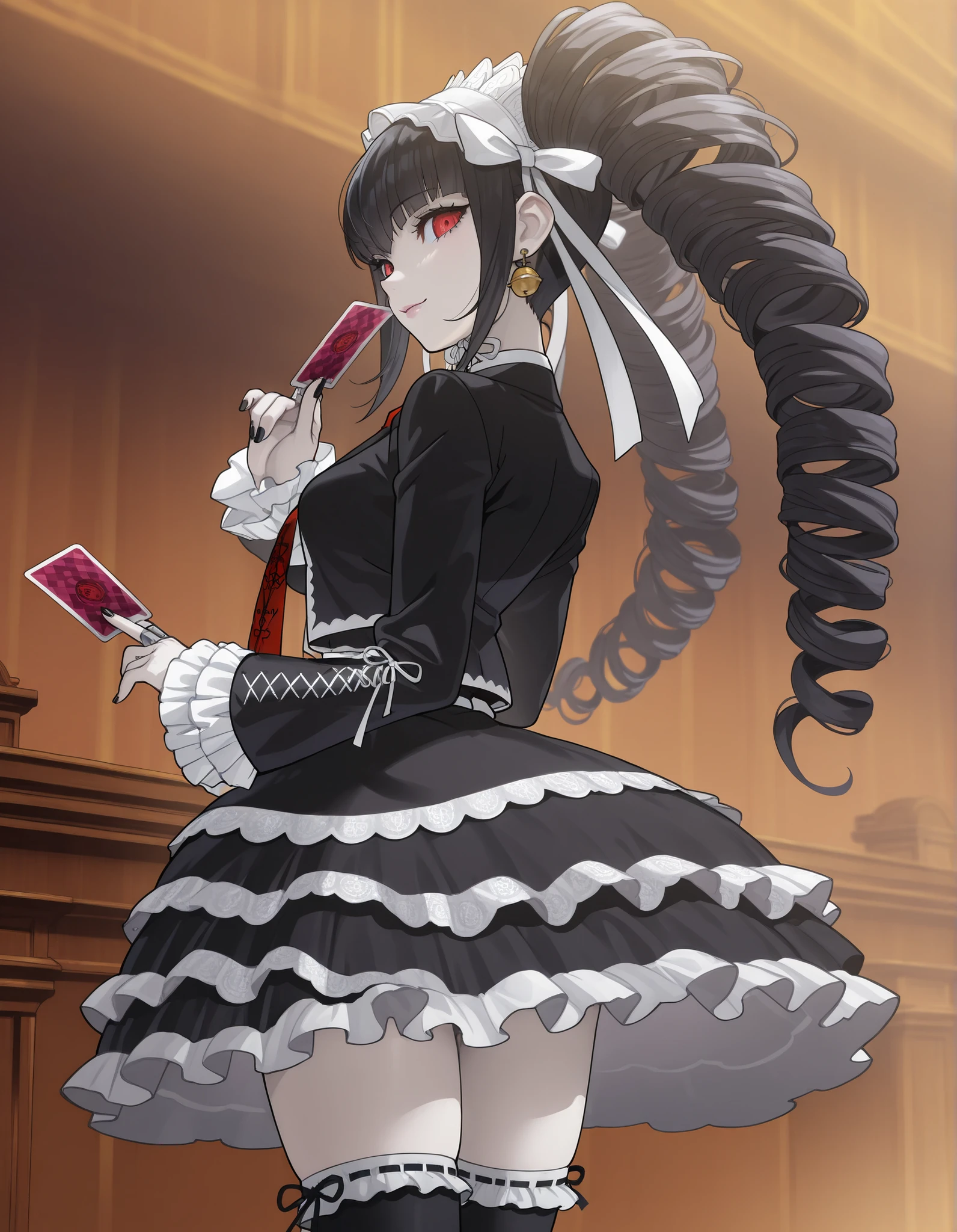 anime screencap, masterpiece, best quality, amazing quality, very aesthetic, absurdres, newest, celestia ludenberg, 1girl, solo, long hair, smile, lips, bangs, white shirt, black hair, red eyes, long sleeves, holding, twintails, standing, looking back, bell earrings, frills, print necktie, black thighhighs, black skirt, nail polish, black jacket, drill hair, frilled sleeves, red necktie, black nails, holding card, twin drills, gothic fashion, layered skirt, bonnet, frilled thighhighs, frilled skirt, pale skin, medium breasts, beautiful body, vibrant colors, courtroom, mosaic pattern, from bellow, looking at viewer, thighs