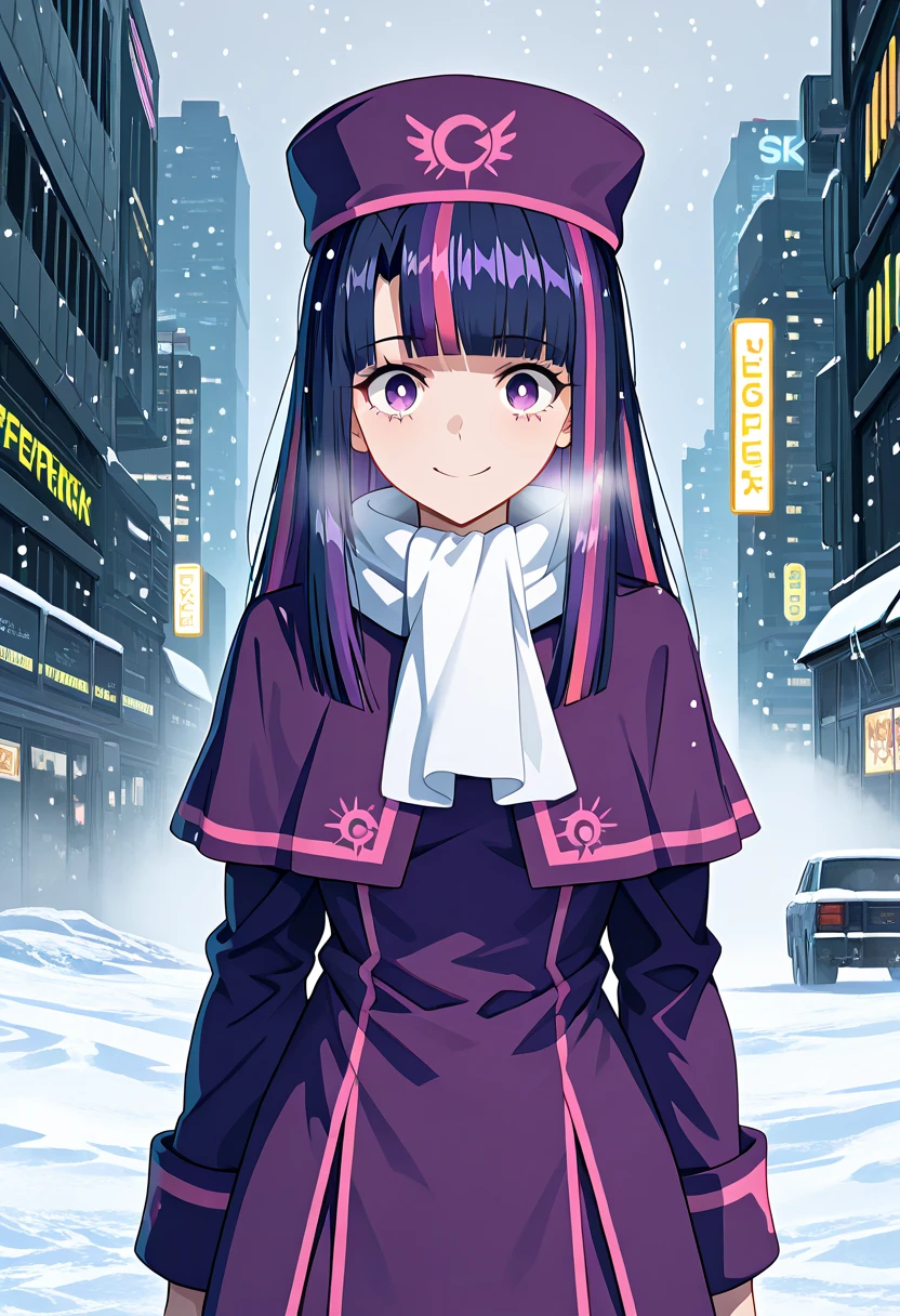 great quality ++ Extremely detailed high resolution, very aesthetic, expressive eyes, (((perfect face))), (((symmetrical face))), (((good )), (((8k)))), UHD, HD wallpaper, (((high quality detailed, solo, Masterpiece, Best quality, high resolution, Highly detailed, (illustration), beautiful detailed eyes, (((fighter)))), ((((fullbody)))), (((1girl)))), (((twilightbishoujo))), twilight sparkle, fair skin, purple hair, long hair, purple eyes, IlliyasvielCoat, purple coat, white scarf, purple capelet, purple headwear, standing, looking at viewer, snow, snowing, fog, (((happy))), (((smile))), (((angry))), (((Cyberpunk Style))), (((cyberpunk))), (((science fiction))), (((hi tech))), (((future tech))), (((neon))), (Cybernetics1.25), (Neon Cityscape:1),
