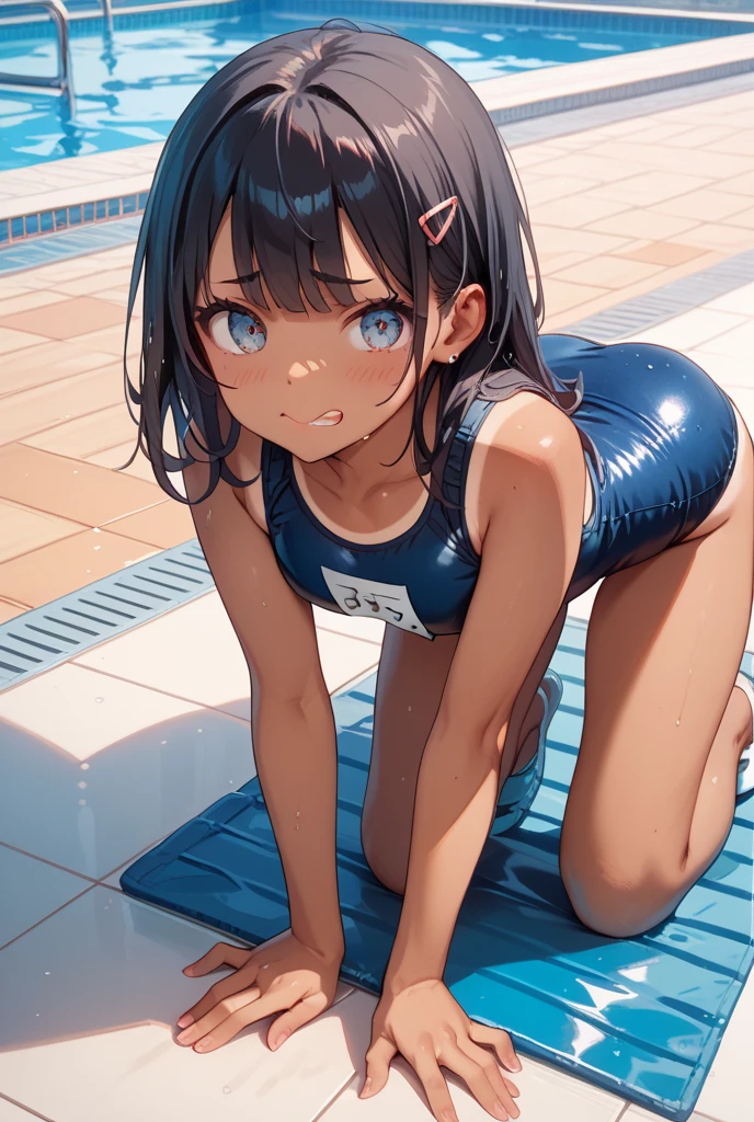 9 year old asian kids, Wearing a one-piece swimsuit, Swimming in the pool, Cute expression, smile, Vibrant, Chubby, sporty, Sweaty, Surrealism, Surrealism, Cinema Lighting, Motion Blur, Ray Tracing, 超High resolution, Accurate, Anatomically correct, Smooth Skin, Super Detail, Attention to detail, high quality, 最high quality, High resolution, 4K  