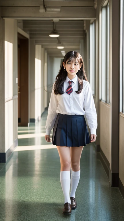 Japanese, high school girl, pure, brown eyes, smiling face, young face, long black hair, long straight black hair, white hairband, light blue cardigan, white blouse, blue ribbon on collar, blue pleated skirt, black socks, blue shoes, school, hallway, standing in front of the toilet
