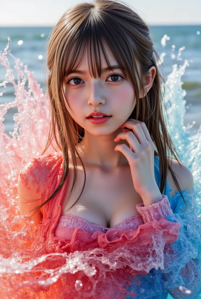 super real photo,Fantastic surrealism、Fairies in the world of soap bubbles、Japanese Micro Bikini,17-year-old beautiful girl、Emerging from a soap bubble, cinematic, portrait photography, photo, fashion