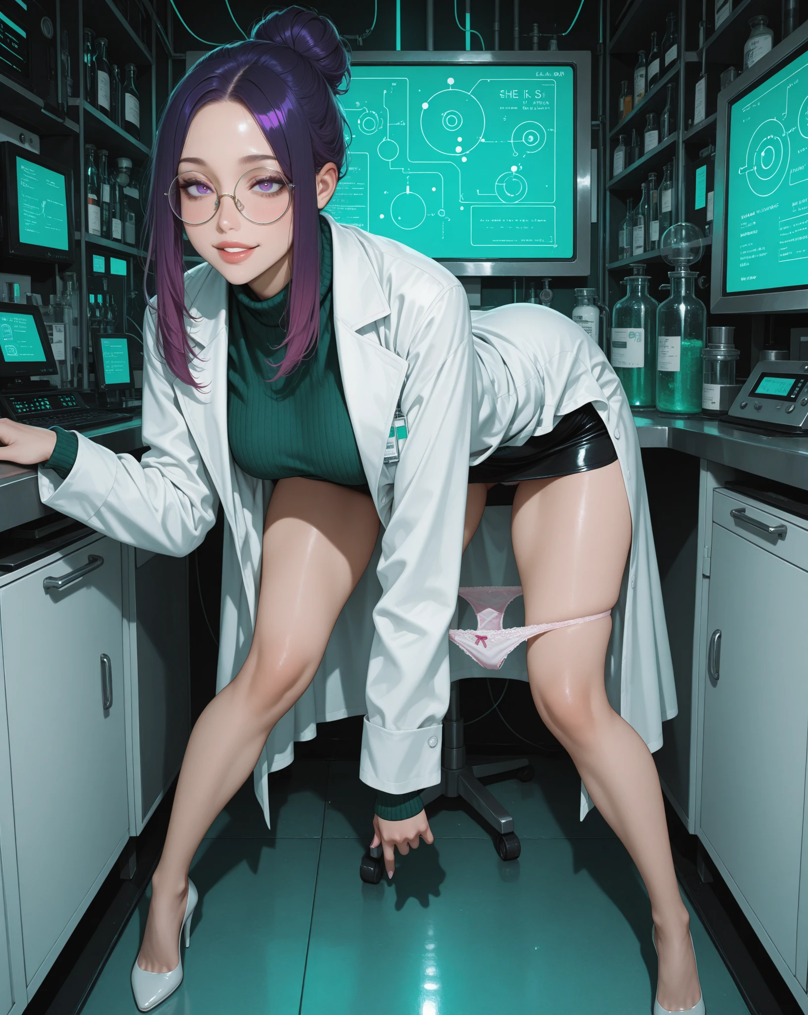 NSFW,1girl,Green Hair,Light green eyes,Curly medium short hair,Square glasses,Wearing a large white coat,,Dairy-free,garter belt,Ahegao,desk,Character portrait,full Art,Black Bikini,Sex,penis is pussy,creampie,Sitting,Open pussy