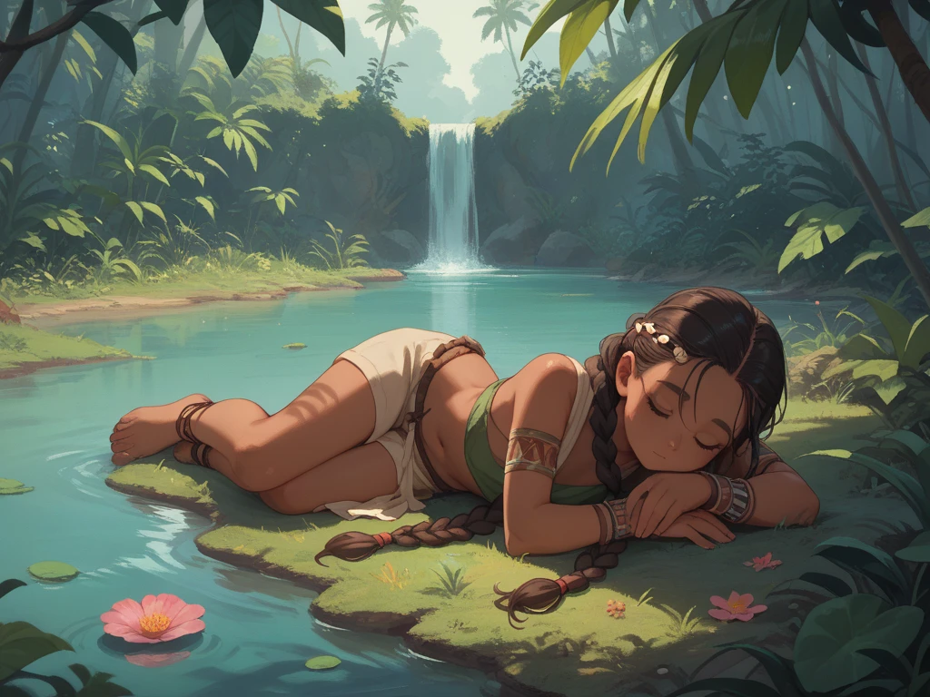 Masterpiece , best quality , Masterpiece , best quality , 1 woman , Tanned skin , long white straight hair , bulge , be unconscious , black bikini , abdomen , big breasts , Long legs , Barefoot , Lie down on the floor. , Spread your legs , in a giant pot , Surrounded by forest people , cook