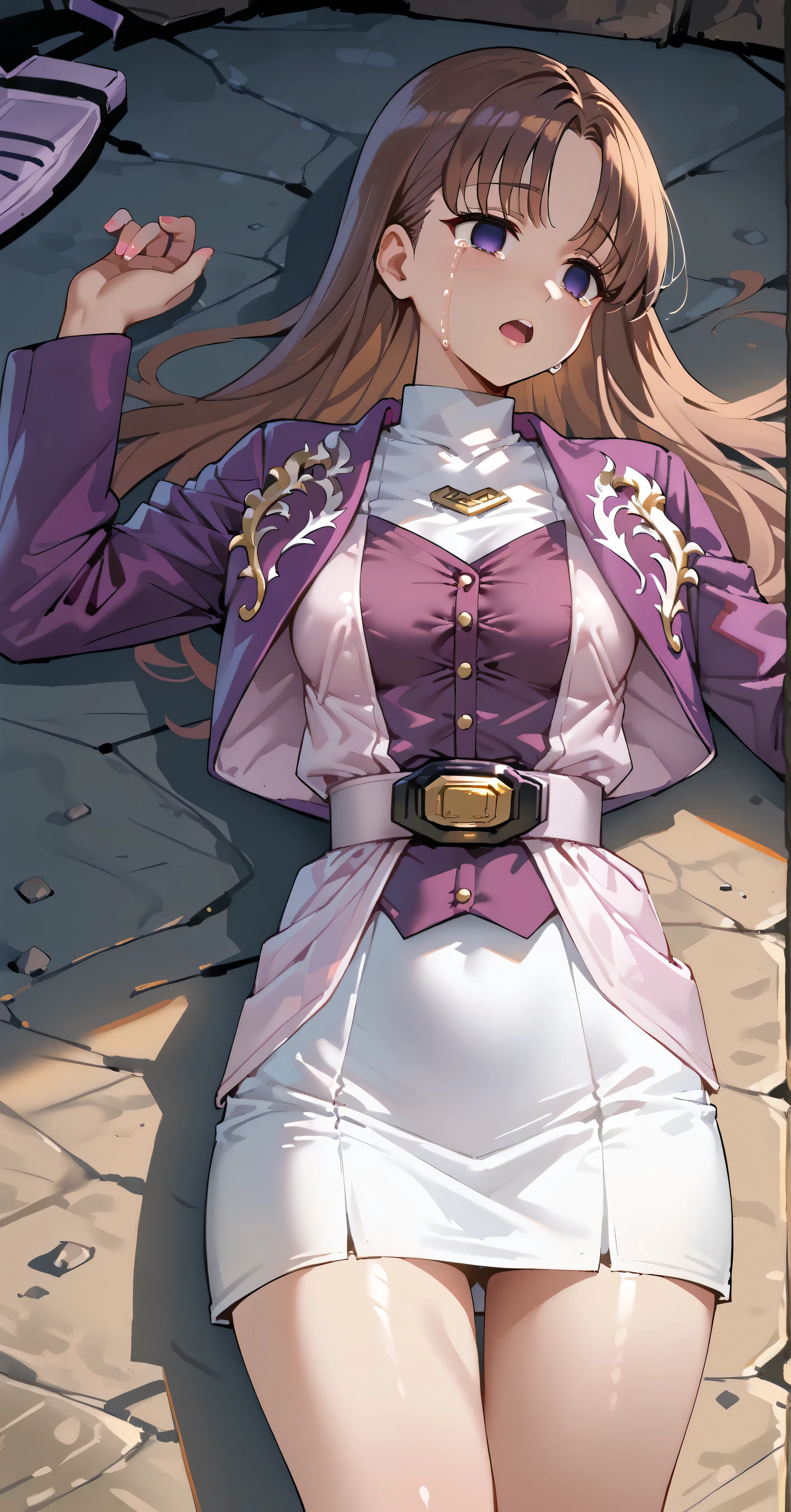 (高精細CG), (best quality), IN THE CAVE,((Raped by a completely naked man )),1 girl to improve Sa, perfect face, wide hips, Slim waist, , purple bolero jacket,white skirt,long sleeve, Pink Belt, straight and long hair , brown hair, ((( empty eyes ))),crying,has its mouth open,lying on the ground on your back,Body Touched by a Naked Man,Touched on the Chest by a Fully Naked Man