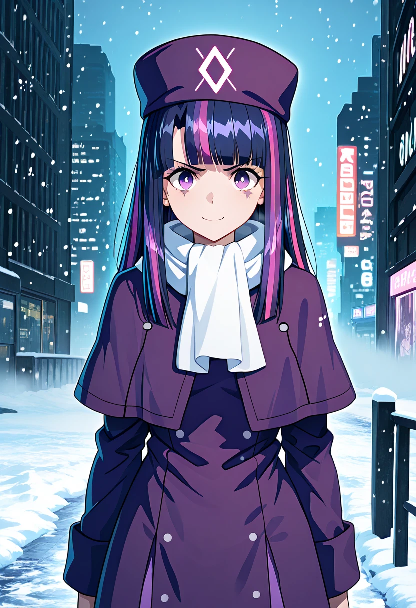great quality ++ Extremely detailed high resolution, very aesthetic, expressive eyes, (((perfect face))), (((symmetrical face))), (((good )), (((8k)))), UHD, HD wallpaper, (((high quality detailed, solo, Masterpiece, Best quality, high resolution, Highly detailed, (illustration), beautiful detailed eyes, (((fighter)))), ((((fullbody)))), (((1girl)))), (((twilightbishoujo))), twilight sparkle, fair skin, purple hair, long hair, purple eyes, IlliyasvielCoat, purple coat, white scarf, purple capelet, purple headwear, standing, looking at viewer, snow, snowing, fog, (((happy))), (((smile))), (((angry))), (((Cyberpunk Style))), (((cyberpunk))), (((science fiction))), (((hi tech))), (((future tech))), (((neon))), (Cybernetics1.25), (Neon Cityscape:1),
