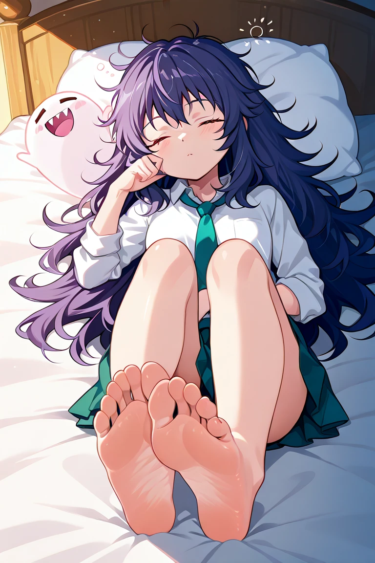 1girl, solo, simple background,Panorama, white background, closed mouth, closed eyes, chibi, sleeping,Lie flat,(((Cover with a quilt:1))),((Hidden foot)) = = ,blanket, under covers, Lovely cat footprint pink blanket, lovely cat footprint pink quilt,
