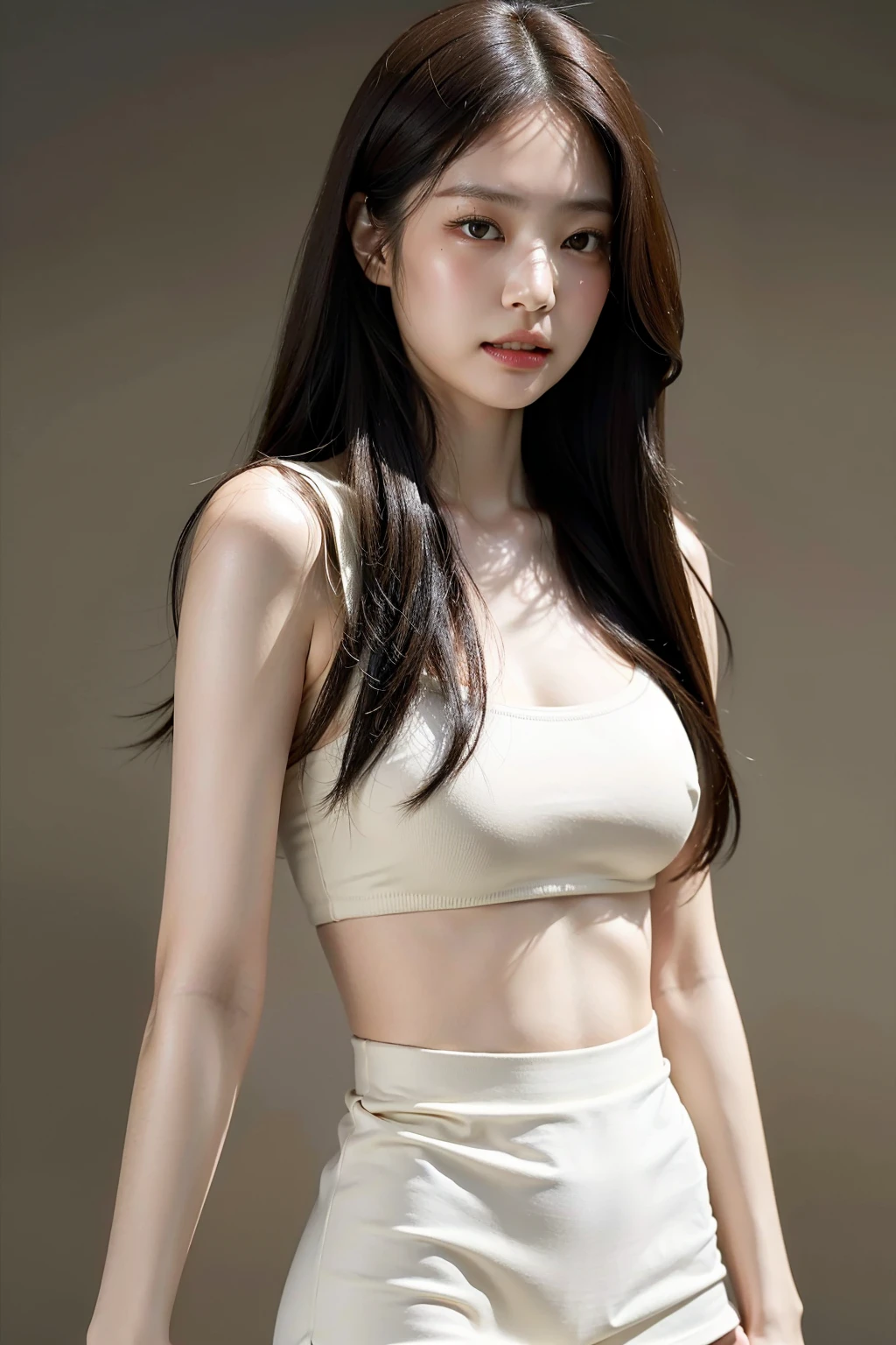 (highest quality,8k,masterpiece), Rough skin, Anatomically correct, sharp, Gray background((young Japanese, 15 years old)), alone, Shapely breasts, Straight light brown hair that reaches the shoulders, chubby body type (((Stand upright, Facing the center of the screen.))), Close your mouth and look straight ahead with a serious face.,,shirt,A slit skirt that accentuates the waist,I can see your thighs、 View Camera。sexy makeup