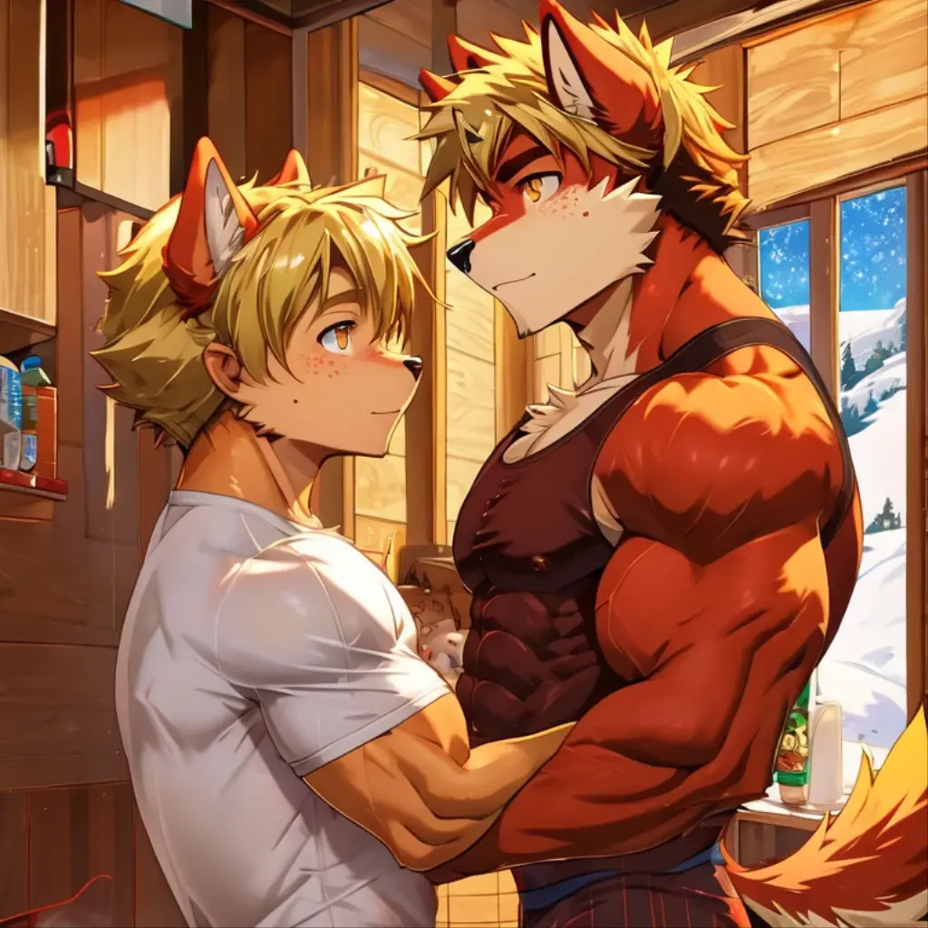 (masterpiece, Best quality:1.2), very young wolf boy, in shirts, winter, body covered in red fur, Furry style, sexual, horny, very muscular wild ,full height,very short blond hair,freckles on the body and face,amber eyes,defined muscles,sharp focus, friendly