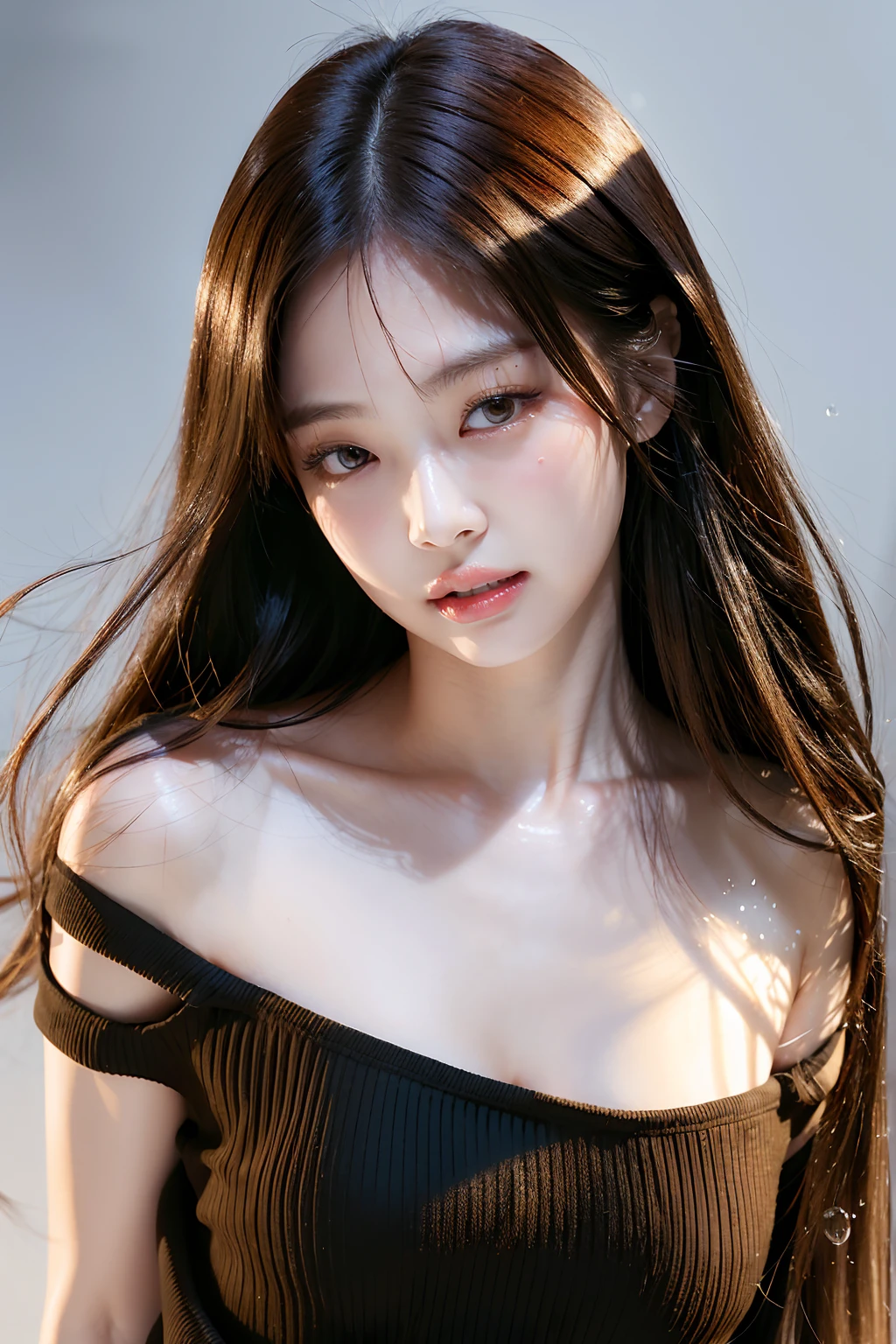 RAW photo, extremely delicate and beautiful, masterpiece, Best Quality, ultra high resolution, 32k, hyperrealistic, ultra-detailed, in her 20s, delicate facial features, tearful mole, earring, big breasts, full body shot, shorter middle hair, black hair, (((3 girls))), short pencil skirt, black shirt, collared dress shirt, sleeveless, best quality, ultra high res, (photorealistic:1.4), pretty girl, tanktop black shirt, black tight skirt, black choker, (faded ash gray hair:1), medium breasts, looking at viewer, closeup, (pretty face) , southeast asia girl, (RAW photo, best quality,high quality,highres), (realistic, photo-realistic), ultra-detailed,(front lighting)