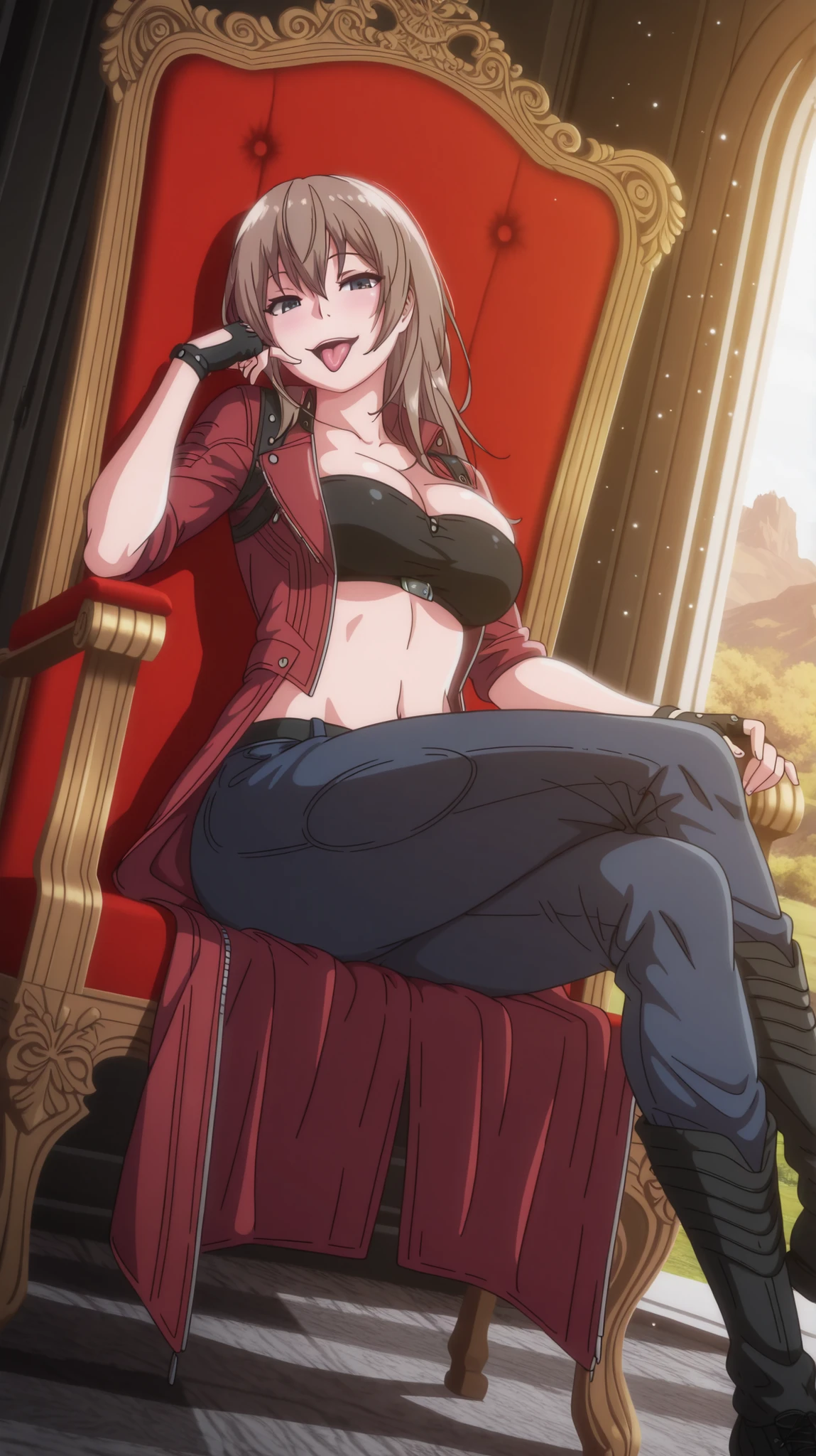 masterpiece, best quality, amazing quality, very aesthetic, absurd, latest, landscape, anime screenshot, dutch angle, (dante outfit), 1 girl, chisa, alone, chisa_IlXL,1 Girl,Alone,Brown Hair,Long Hair, looking at viewer, slight smile, contrast, looking at viewer, seductive smile, expressive, sexy pose, full body, cleavage, high quality dante devil may cry outfit, dynamic lighting, tall, seductive smile, naughty, wild, seductive body, sensual, light particles, sticking out tongue, happy, red coat, bandeau, fingerless gloves, pants, confident look, sticking out tongue, sitting in a king's chair