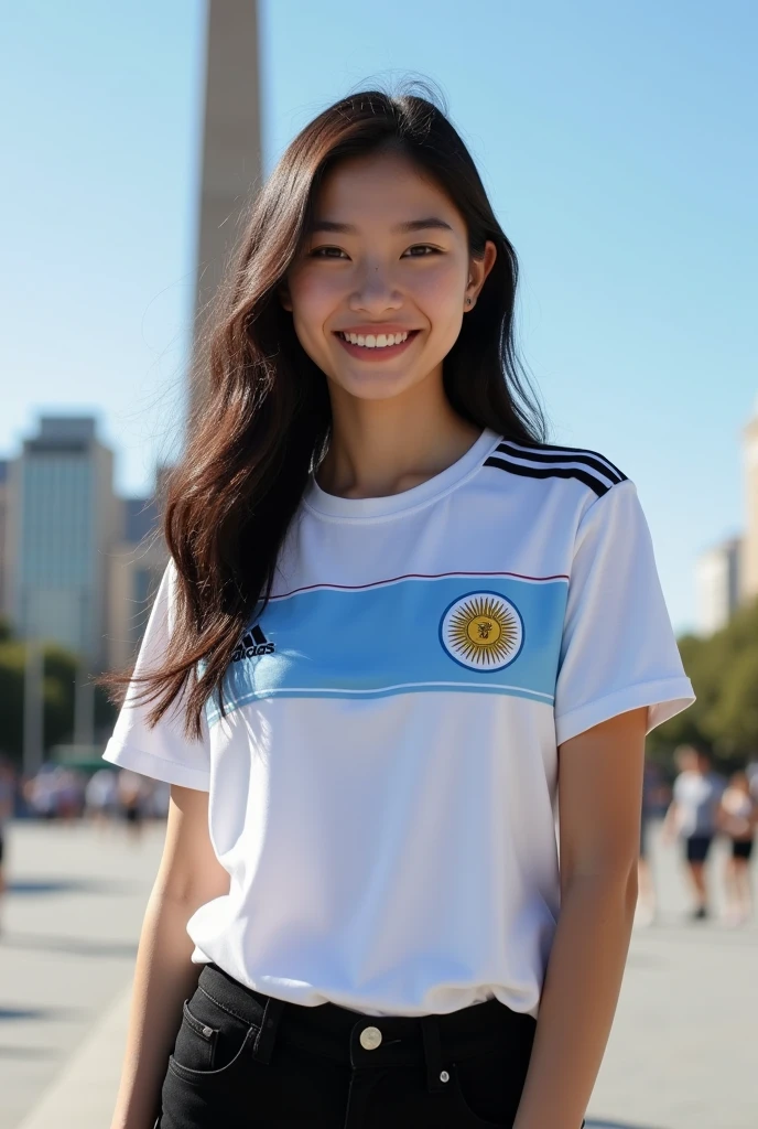 A female soccer fan wearing an Argentina national team shirt tied at the waist, white hot pants, and draped in the Argentine national flag, masterpiece, Argentina, sportswear, soccer uniform,