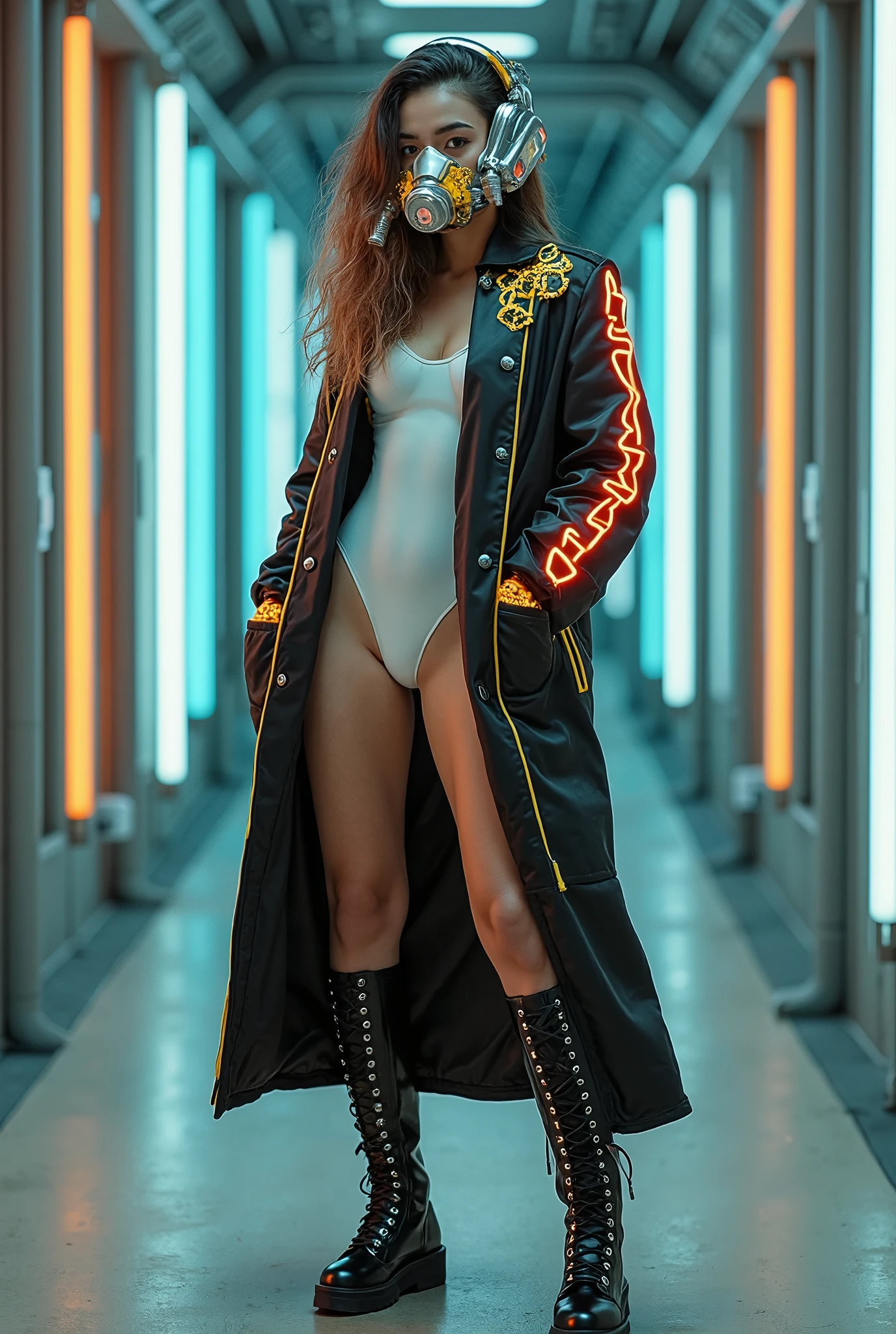Full body picture of a Woman living in the year 2350. She is wearing an outfit highlighted in metallic accents and neon tubing. Her satin duster coat has a solid gold Gucci logo outlined in neon on the shoulder. She is wearing black knee high boots with exhaust pipes circling it and coming out the back. She has a white body suit on.  She has a silver breathing mask with gold inlay on filtering air into her mask. The girl is looking at the camera.
