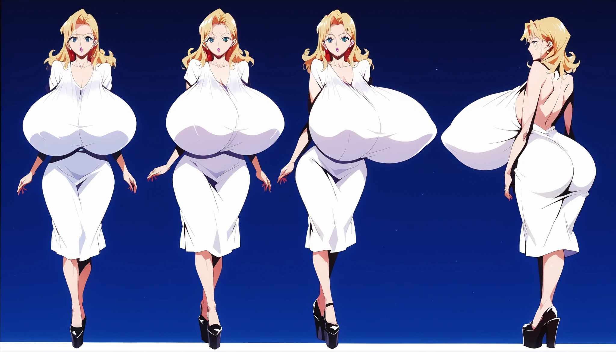 Character sheet, Mature woman, white woman with golden skin tone, high cheekbones, sleek blonde hair, mid-length hair, big lips, glossy pink lips, tall, curvaceous, wide hips, massive breasts, huge ass, Sun dress, platform shoes, hip dips, slim thick, HyperSag, huge breasts, gigantic breasts, modeling, lips bimbo,score_9, score_8_up, score_7_up, score_6_up, score_5_up, score_4_up, 1 woman, {{{Masterpiece}}, {{{Hyper Detailed}}}, {{{best quality}}},score_9, score_8_up, score_7_up, score_6_up, score_5_up, score_4_up, 1 woman, (huge breasts: 1.4), {{{Masterpiece}}, {{{Hyper Detailed}}}, {{{best quality}}}

