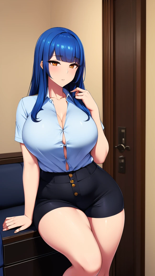 pelo color rosa, pelo color rosa intenso, cabello rosado, ojos azules intenso, ojos color azul, intense blue eyes, electric blue eyes, color de ojos azules, labios enormes, labios hinchados, double ponytails hairstyle, double ponytails hair, pechos grandes, pechos enormes, Figura de reloj de arena, (cintura estrecha), confianza, superioridad, Palo de golf, malcriado, bully, muslos gruesos, pendientes, arriba, diafragma, Bermudas, sonrisa, medio plano, evil sonrisa, cara de gemido, cardigan, falda ajustada, long skirt, brown skirt, grande , from the front, in therapy (terapeuta, sentada en una silla, realistic lighting), pechos grandes, caderas grandes, front, from the front
