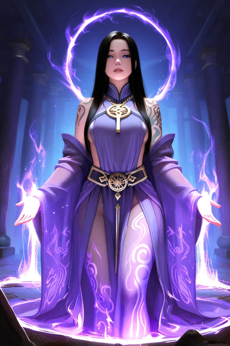 (best quality,4k,highres,masterpiece:1.2),ultra-detailed,(realistic:1.37) A mature curvaceous Malaysian woman with her age at 40, dressed in a hijab that covers all of her hair, is standing in the center of a mystical scene. She is wearing a beautiful silk magic gown that shimmers with an otherworldly glow. The gown flows gracefully around her figure, accentuating her curves and adding an air of elegance to her presence. The woman is a witch, strong and knowledgeable in the mystic arts. She stands confidently with her hands raised, as if channeling her magical powers. Around her, a magic circle adorns the ground with intricate symbols and glowing sigils. The circle is made from a combination of runes and arcana, pulsating with energy in vibrant colors of blues and purples. As the woman continues her summoning, a mythical monster starts to materialize from within the magic circle. The creature is a magnificent being, towering with a majestic presence. Its body is covered in shimmering scales, reflecting the light around it in a mesmerizing display. The creature's form is a combination of various animals, with wings of an eagle, the tail of a serpent, and the head of a lion. The scene is bathed in an ethereal light, reminiscent of moonlight casting an enchanting glow. The soft illumination illuminates the woman's face, revealing a calm and focused expression. Her eyes emit a glimmer of magic, while her lips are curved in determination. The background is an enchanted forest, with towering trees reaching towards the sky. The forest is filled with vibrant foliage, casting shadows and adding layers of depth to the overall composition. The air is filled with an aura of mystery and anticipation, as if the entire world holds its breath in awe of the imminent manifestation. The color palette of the scene is rich and vivid, with deep shades of blues and purples dominating the overall tone. The contrasting warm hues of the woman's gown provide a beautiful balance and creat
