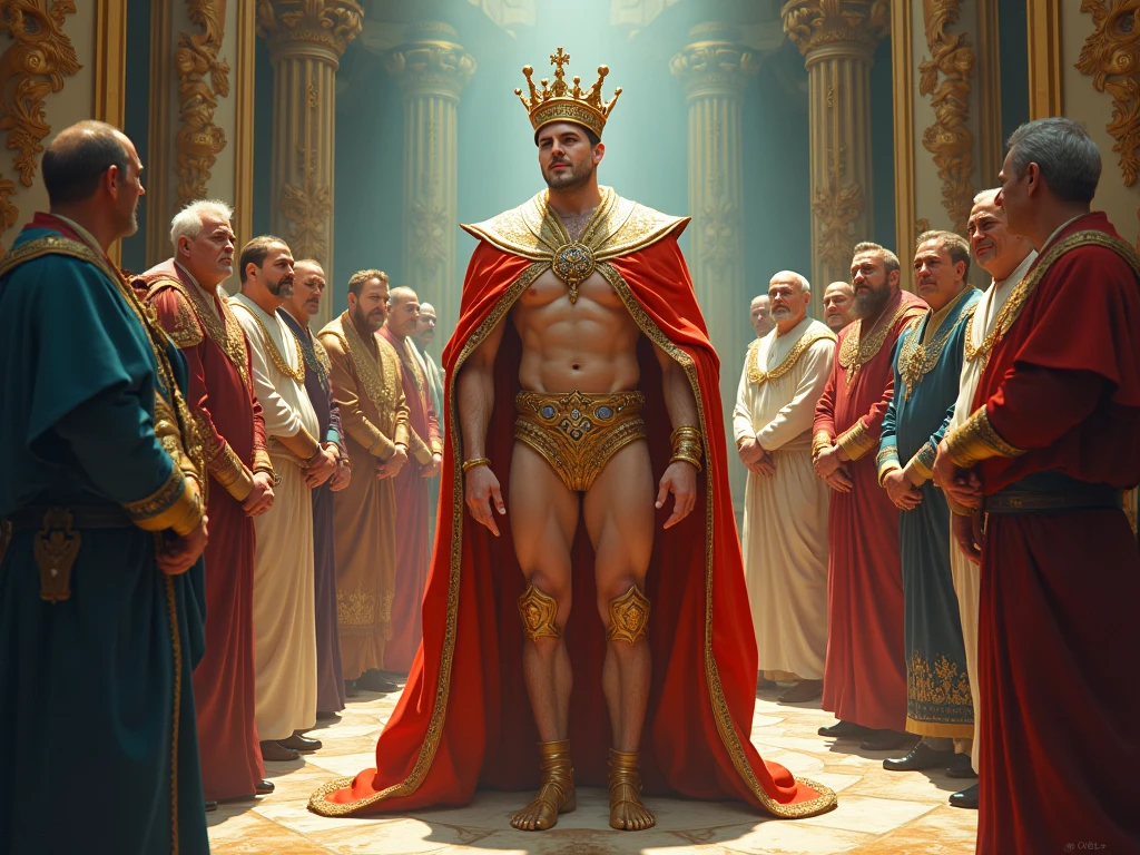 Create an image of a regal figure walking confidently down a parade route, dressed in absurdly minimal clothing that leaves him embarrassingly exposed. Behind him, a procession of royal attendants and musicians follow, all smiling and cheering, while a child points out the king's lack of attire, standing out in the crowd with a look of innocent truth.
