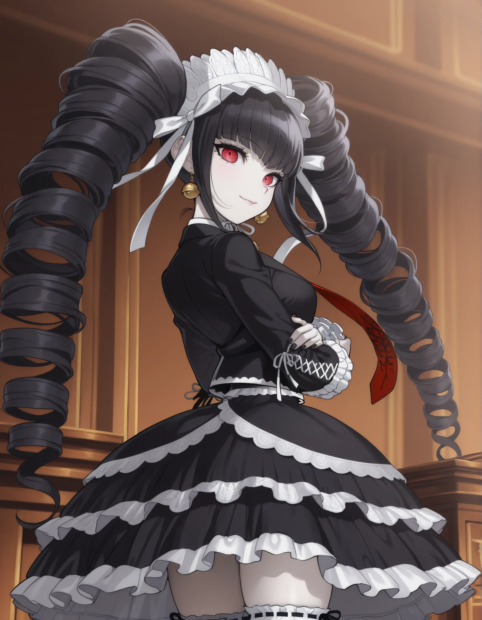 anime screencap, masterpiece, best quality, amazing quality, very aesthetic, absurdres, newest, celestia ludenberg, 1girl, solo, long hair, smile, lips, bangs, white shirt, black hair, red eyes, long sleeves, twintails, standing, looking back, bell earrings, frills, print necktie, black thighhighs, black skirt, nail polish, black jacket, drill hair, frilled sleeves, red necktie, black nails, twin drills, gothic fashion, layered skirt, bonnet, frilled thighhighs, frilled skirt, pale skin, medium breasts, beautiful body, vibrant colors, courtroom, mosaic pattern, from bellow, looking at viewer, thighs, hand on own elbow, sexy