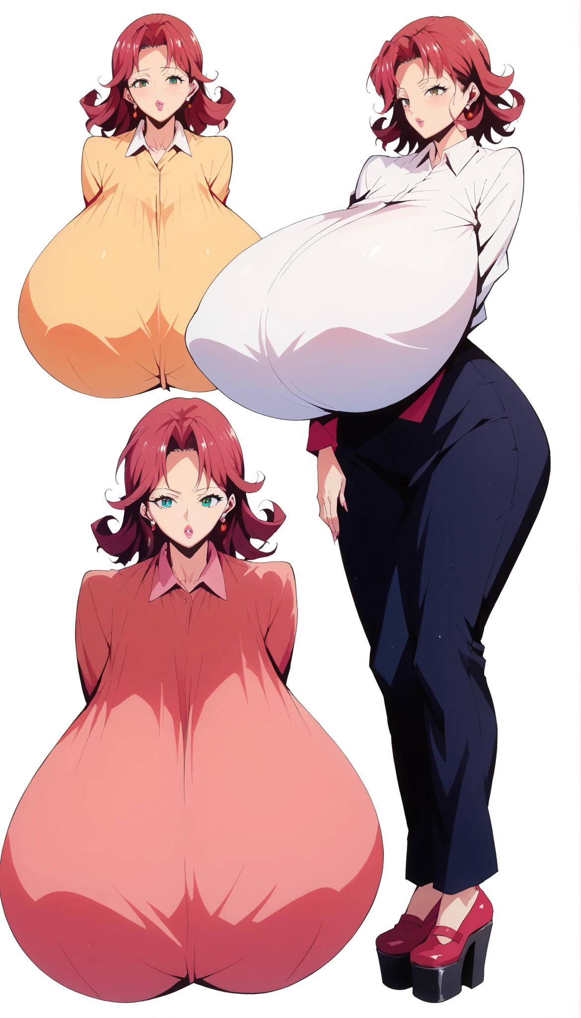 conceptart,multiple views,white background,simple background, Mature woman, Irish woman with freckles, white skin tone, high cheekbones, middle-parted hair, curly hair, red hair, mid-length hair, big lips, glossy pink lips, tall, curvaceous, wide hips, massive breasts, huge ass, pink polo, pants, platform shoes, hoop earrings, hip dips, slim thick, HyperSag, huge breasts, gigantic breasts, modeling, lips bimbo,score_9, score_8_up, score_7_up, score_6_up, score_5_up, score_4_up, 1 woman, {{{Masterpiece}}, {{{Hyper Detailed}}}, {{{best quality}}},score_9, score_8_up, score_7_up, score_6_up, score_5_up, score_4_up, 1 woman, (huge breasts: 1.4), {{{Masterpiece}}, {{{Hyper Detailed}}}, {{{best quality}}},