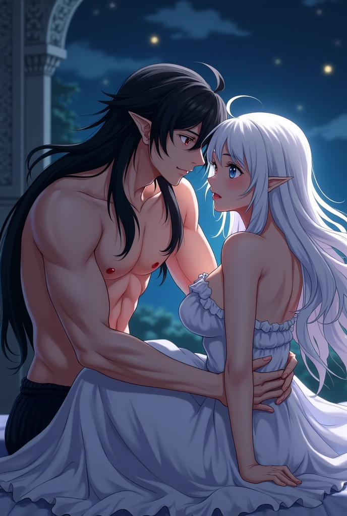 ((Best Quality)), ((masterpiece)), (detailed), create two male anime boys love characters. One of them, It must be a man with long black hair and crooked horns, stocky and strong body with pale complexion and red eyes, He must be naked with a flushed face between the legs of a man with long white hair, golden eyes and pale complexion, thin and pale body. they must be naked, having sex in the night while kissing her lips. The first men have to touch the pennis of the second pj