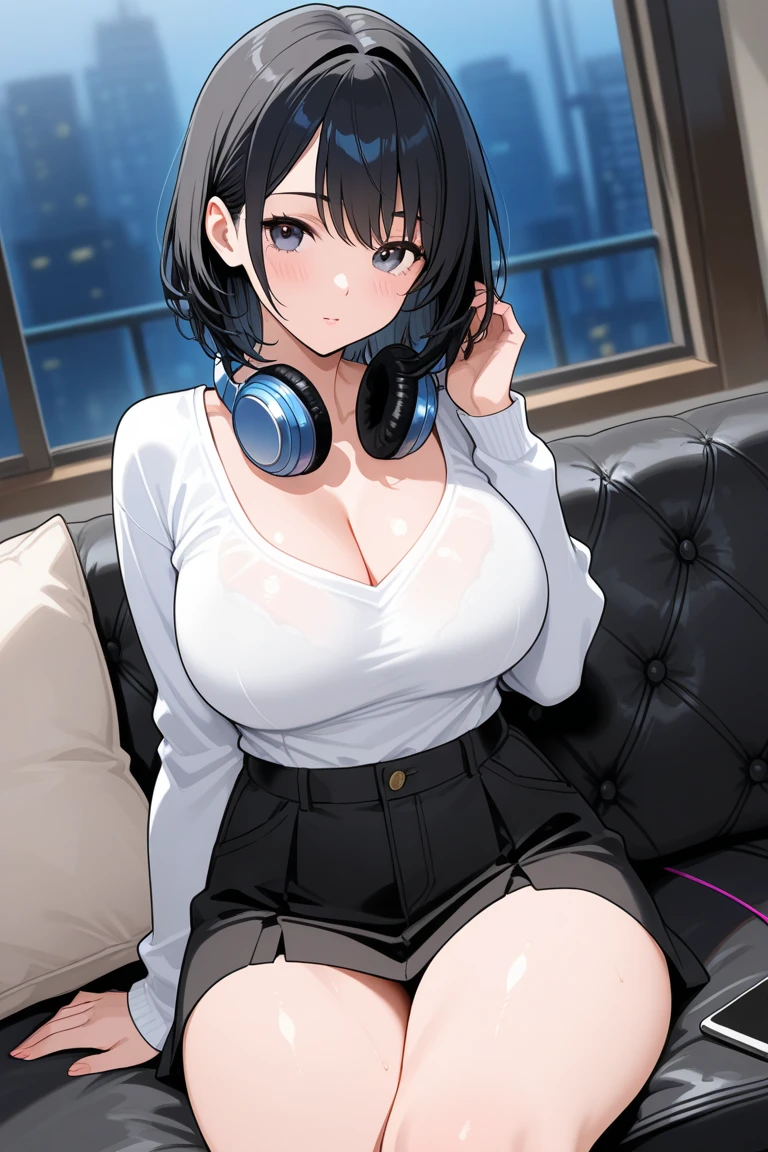 Anime girls with slim yet feminine figures, (Wear white headphones:1.4), smile, sit in a chair, (Write a diary:1.4), Holding a pen in his right hand, Bend your left elbow、Raise your hand a little、I don&#39;t have a pen, short ponytail, black hair, 24-years-old, Exposing the abdomen、Baring shoulders and cleavage、She is wearing a tight fitting white cropped camisole, (exposed cleavage:1.3), Big breasts G cup, (expose one&#39;s skin:1.5), Lo-fi girl anime vibes, Lofiatostyle, anime style 4k, anime aesthetics, Nightcore, Lo-fi feeling, Lofiato, anime art wallpaper 4k, anime wallpaper 4k, Lo-fi atmosphere, Surrounded by many potted plants and greenery, A calming space based on green and blue, sitting at a neatly organized desk, A lit candle on the table, Tokyo View, Tokyo Tower, City view, Looking out over the big caldera, At night, smile, anime style, Sony FE manager, masterpiece, highest quality, 4k