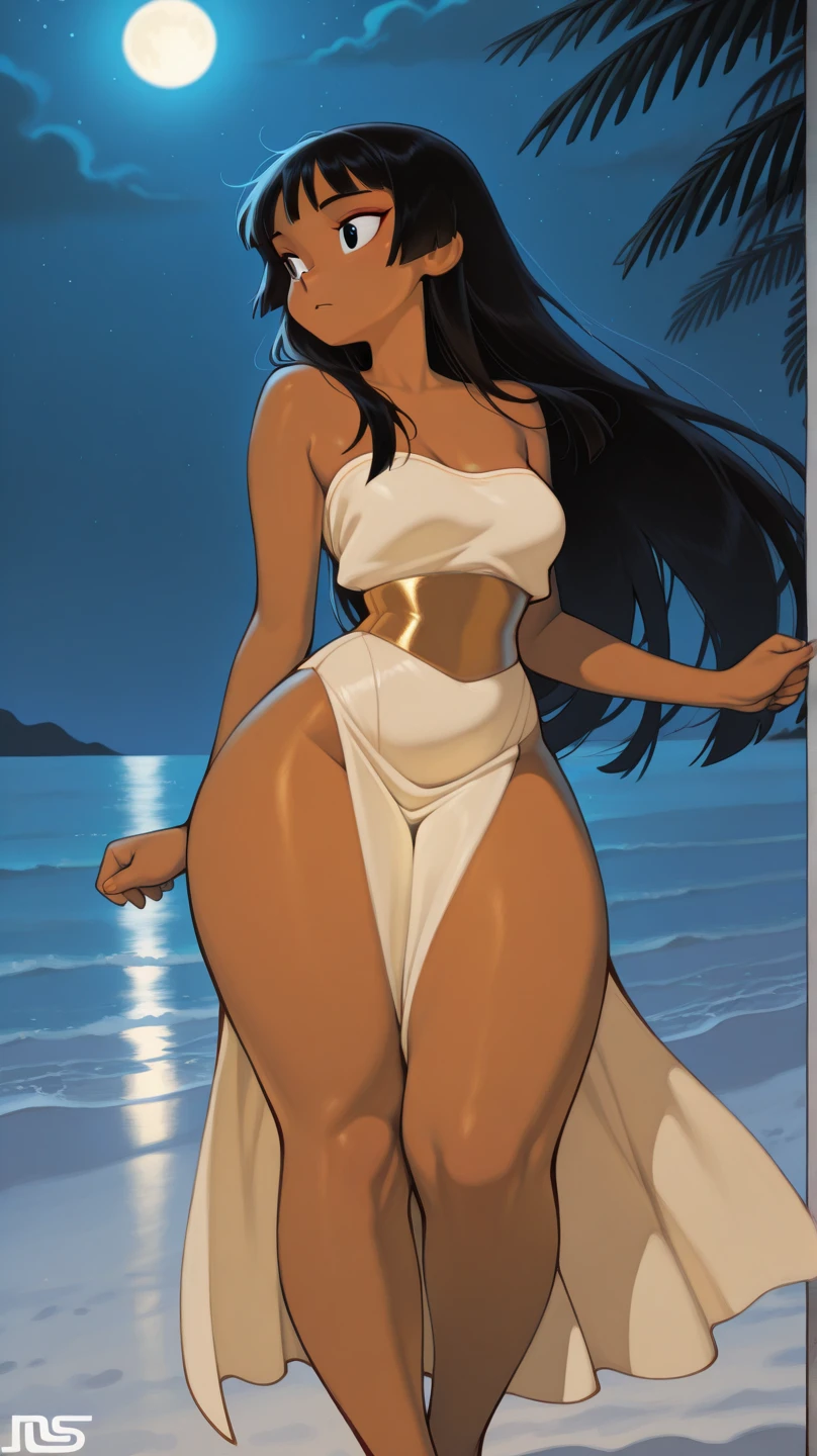 On a summer night, On a bustling street in the suburbs, a woman with tanned skin and extremely long black hair catches everyone's attention. She's wearing a provocative red top that fits her body perfectly., Jeans shorts and sandals with crystals, She walks down the alley, Leaving a trail of desire.