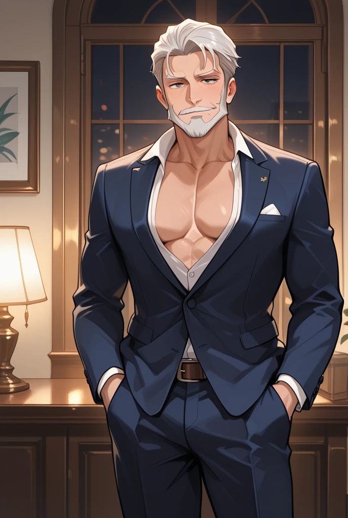 (close up), solo, sit pose), casino, gambling house, wine, open legs sit on sofa, looking at viewer, (blue shirt:1.2), black jacket, (wolf tail:1.15), male focus, thighs, black necktie, belt, black pants, brown vest, muscular, thick thighs, black suit, golden finger ring, pectorals, muscular male, bara, furry, large pectorals, plump, mature male, beard, furry male, thick arms, (bulge), (cross scar on head), (billford), (laugh:0.382), orange eyes, highly detailed, cel shading, masterpiece, hi res, 4k, (best quality), (extreme detailed illustration), good anatomy, (detailed CG)