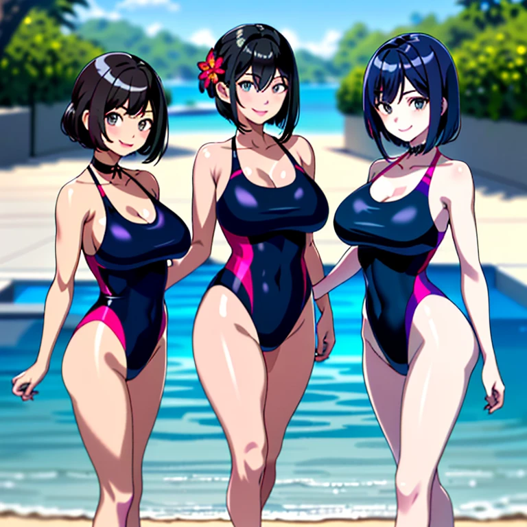 multiple girls, 3girls, standing, giantess art, highly detailed giantess shot, giantess, most detailed, perfect face, two legs, five fingers, short hair, beautiful girl bigger than a skyscraper, wearing rimless glasses, smiling, huge breasts, swimsuit, maid bikini, stiletto heels, under heavy attack, seaside metropolis, numerous miniature warships on the sea, very small metropolis, miniature metropolis, full body depiction, GTS, giga giant, trampling city, crush city, tiny city, micro city, high resolution, best quality, masterpiece,