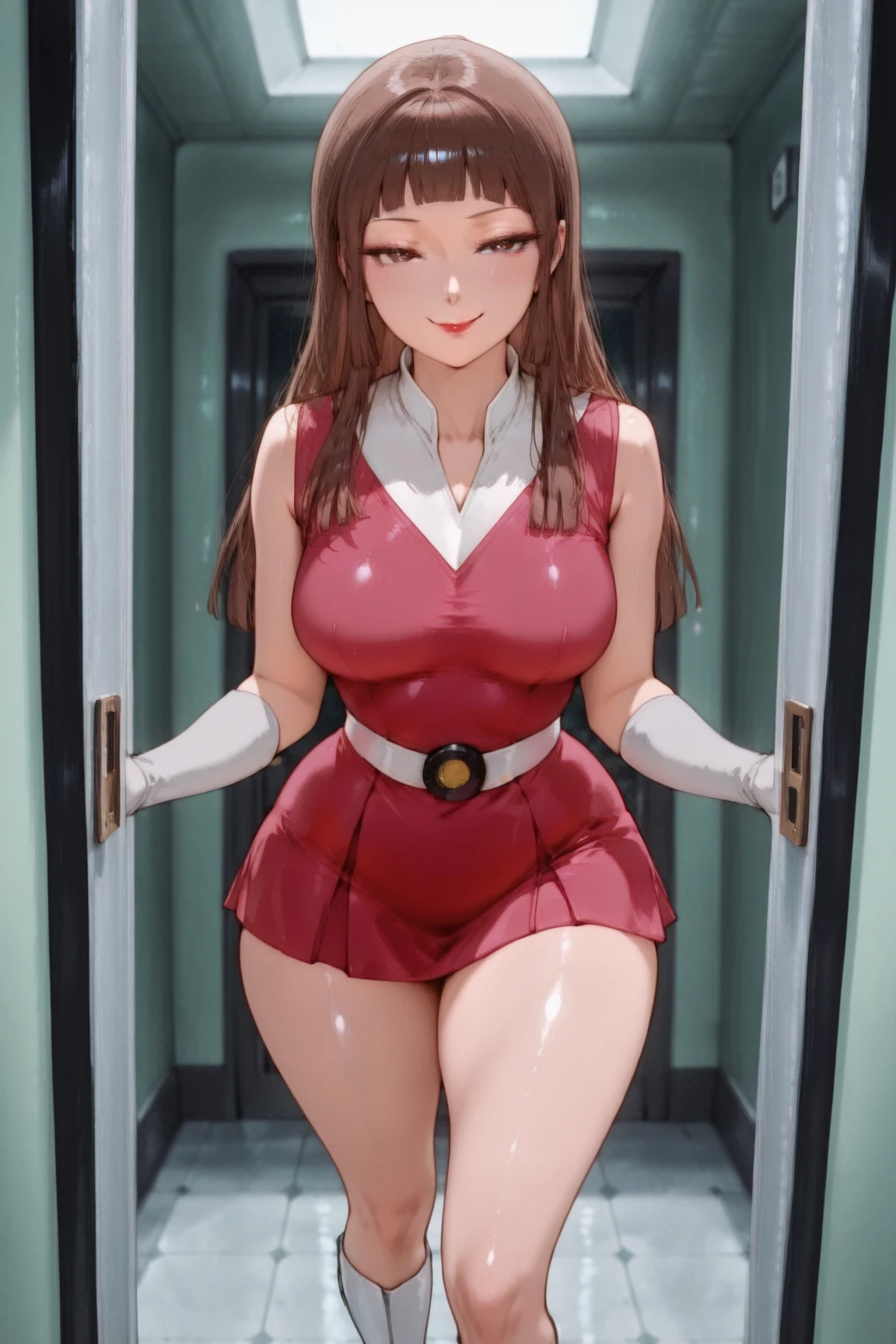 kurokoshirai, kuroko shirai, brown hair, long hair, (parted bangs:1.5), (brown eyes:1.7), Ringlet, twin tails, hair bow, bow, red bow, (Super big boobs:1.5), about to burst、
break glove, dress, bare shoulders, closed mouth, standing, , pantyhose, boots, sleeveless, white gloves, blunt bangs, red bow, high heels, red dress, white footwear, knee boots,, high heel boots, white pantyhose, ,
break looking at viewer, , whole body,
BREAK Dressing Room, Alley,Leaning against the wall (masterpiece:1.2), highest quality, High resolution, unity 8k wallpaper, (shape:0.8), (fine and beautiful eyes:1.6), highly detailed face, perfect lighting, Very detailed CG, (perfect hands, perfect anatomy)、A disdainful look、Looking Down、Glaring at me、Full body portrait、Official image、Naughty smile