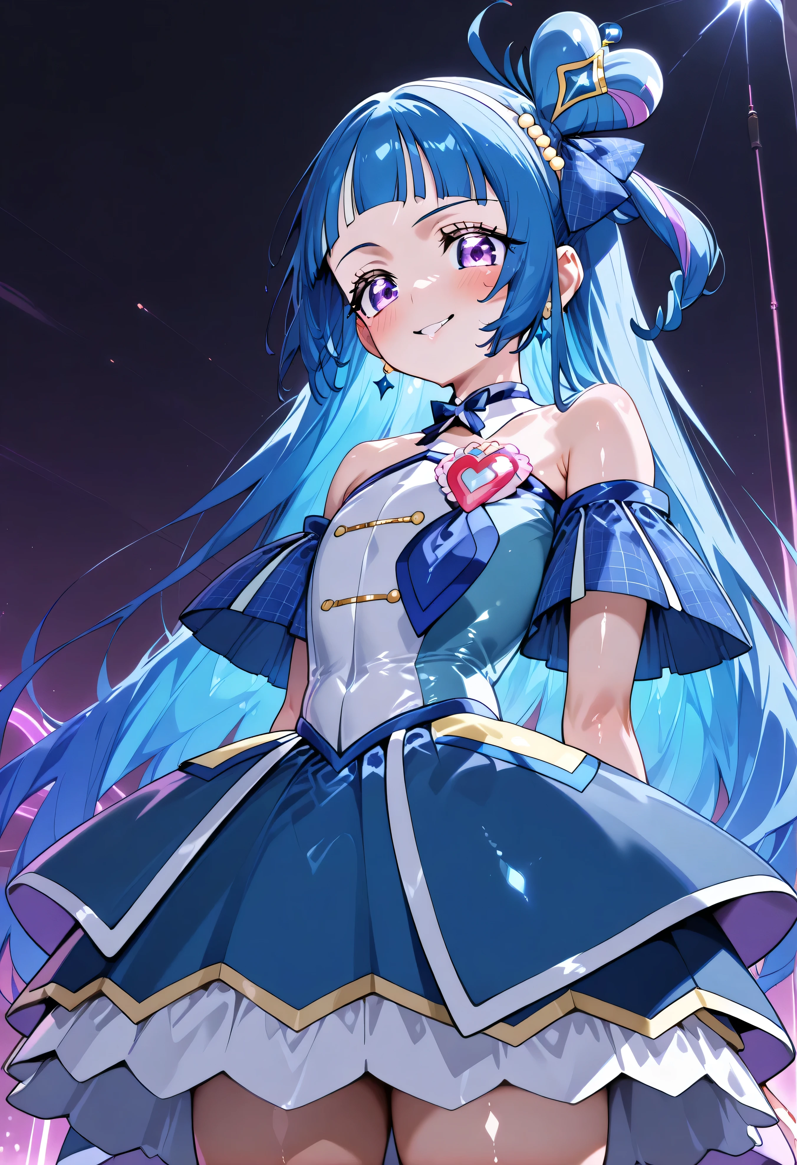 、  Look Down、from below、 break、Cure Wink、cure winks 、Idol Kimi and Idol Pretty Cure Blue Hair、Magical Girl、 mini crowns、purple eyes, blue dress ,slanted hat,very long hair,Dull bangs,bare shoulder,headband,,,nsfw,evil smile、shiny skin NSFW,テカテカ/油性肌 [SD1.5]
