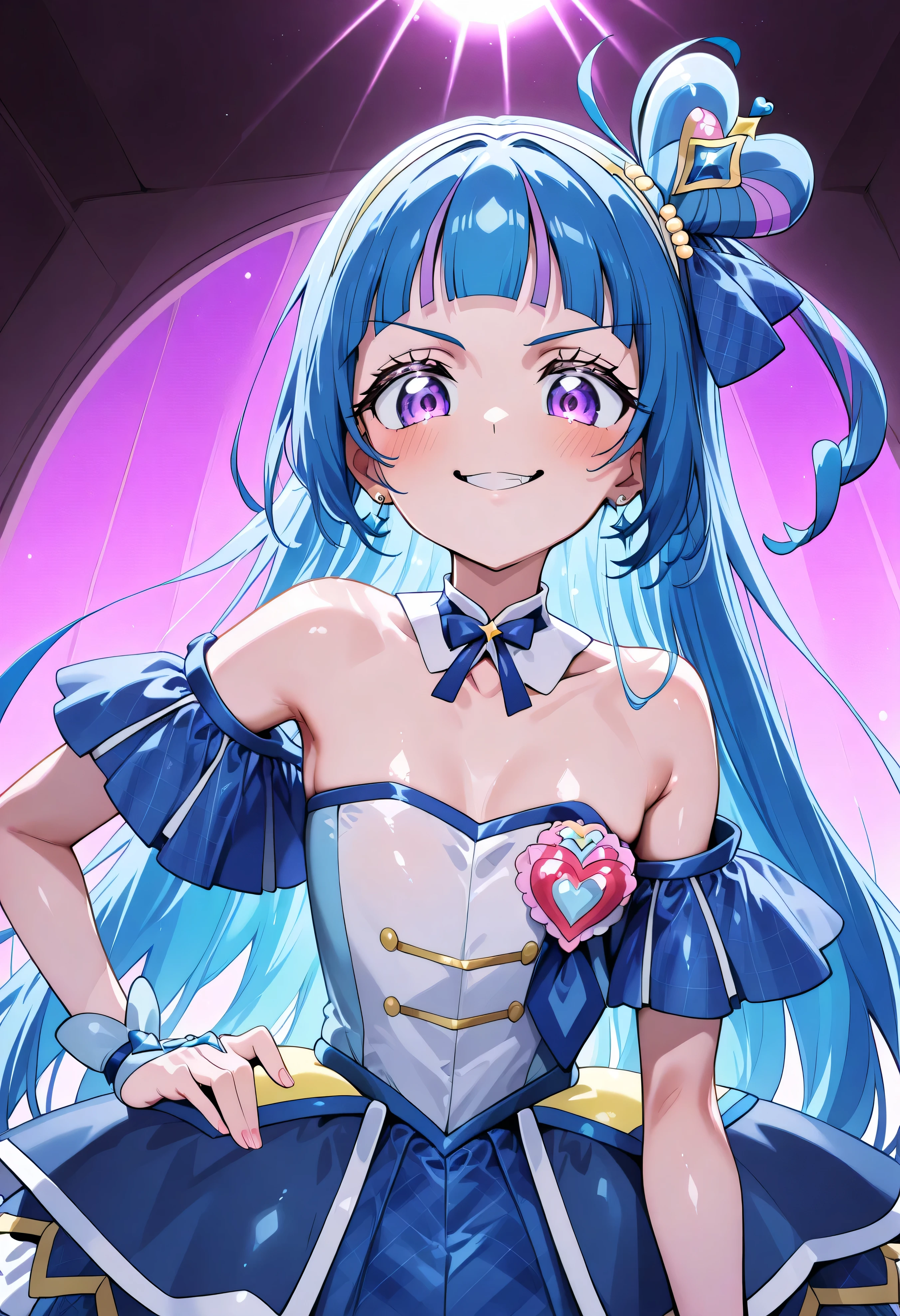 、  Look Down、from below、 break、Cure Wink、cure winks 、Idol Kimi and Idol Pretty Cure Blue Hair、Magical Girl、 mini crowns、purple eyes, blue dress ,slanted hat,very long hair,Dull bangs,bare shoulder,headband,,,nsfw,evil smile、shiny skin NSFW,テカテカ/油性肌 [SD1.5]