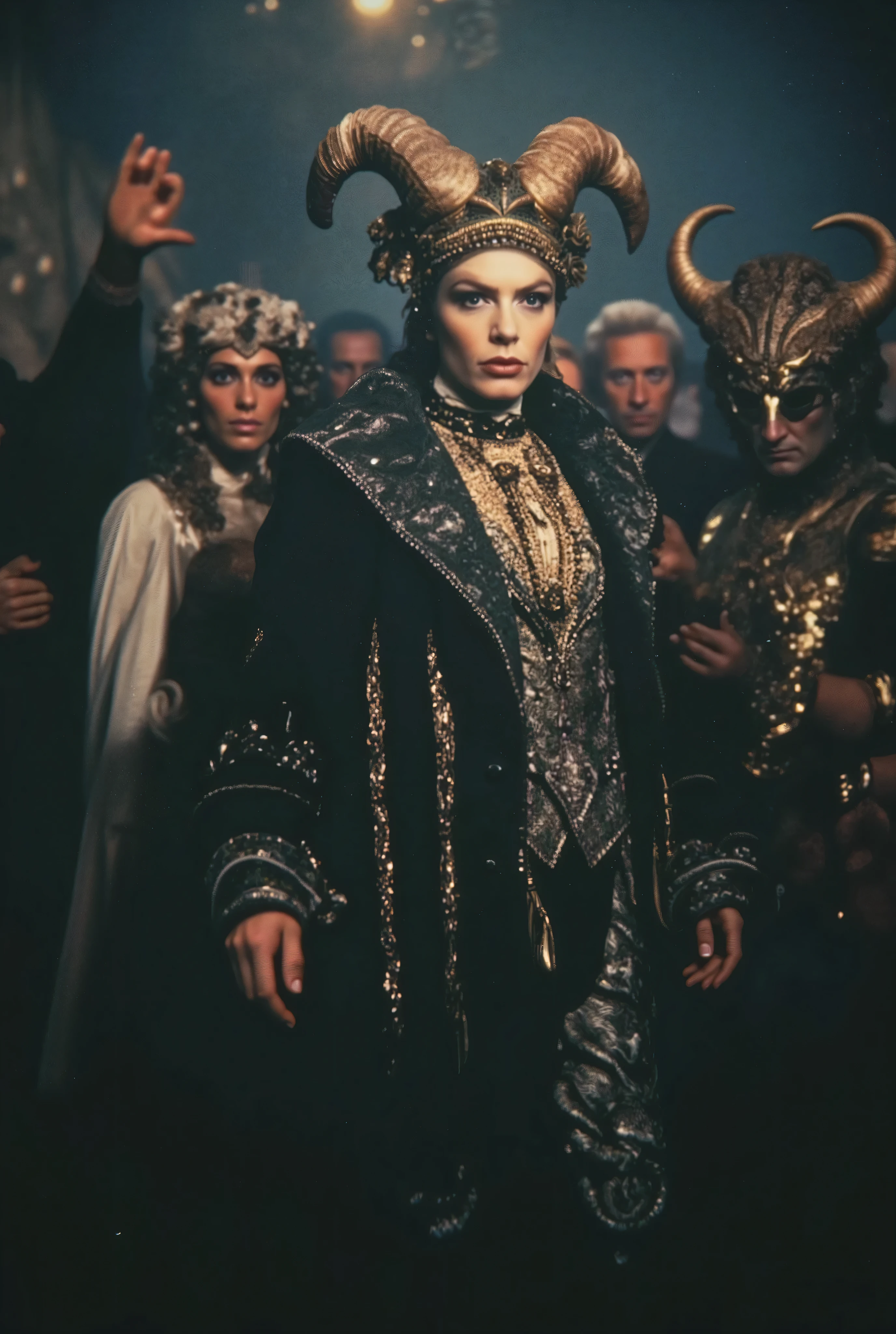hybrid snake mafiosa in disguise, hybrid sheep in costume, hybrid reptile in costume , hybrid rhinoceros in disguise and witch in disguise. cinematic, surreal.