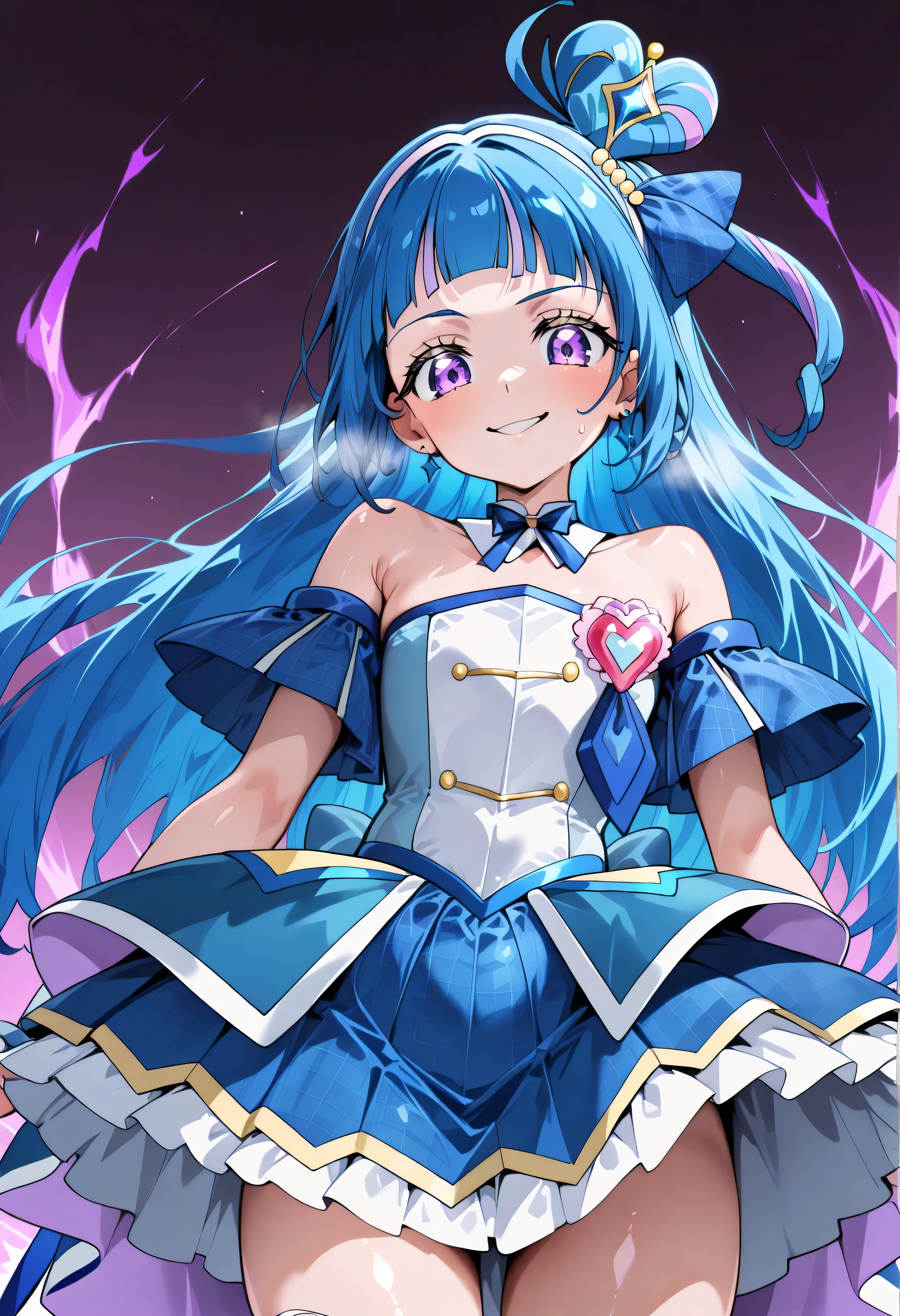 、  Look Down、from below、 break、Cure Wink、cure winks 、Idol Kimi and Idol Pretty Cure Blue Hair、Magical Girl、 mini crowns、purple eyes, blue dress ,slanted hat,very long hair,Dull bangs,bare shoulder,headband,,,nsfw,evil smile、shiny skin NSFW,テカテカ/油性肌 [SD1.5]